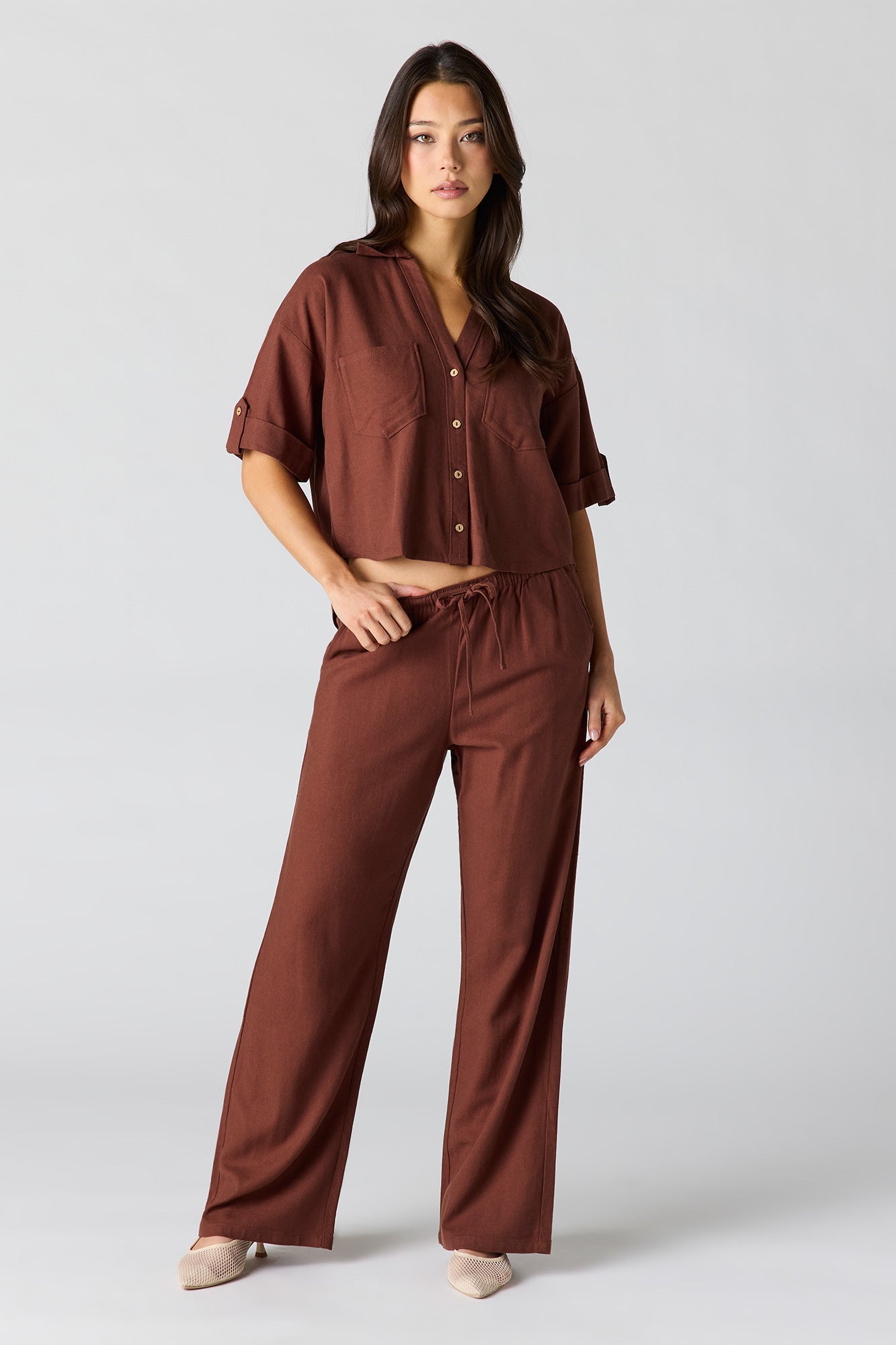 Linen-Blend Button-Up Collared Crop Top