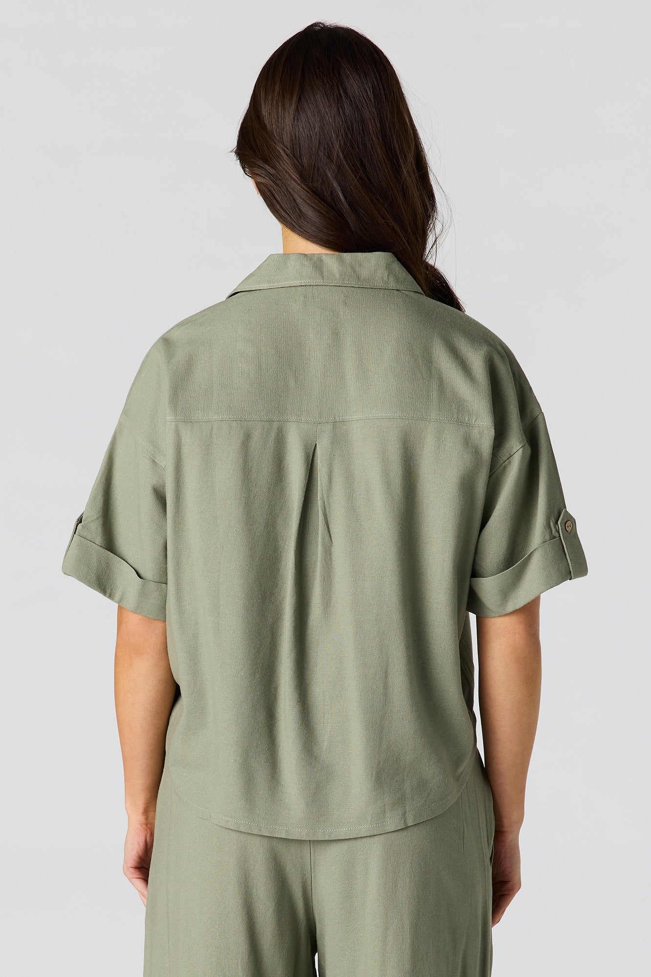 Linen-Blend Button-Up Collared Crop Top