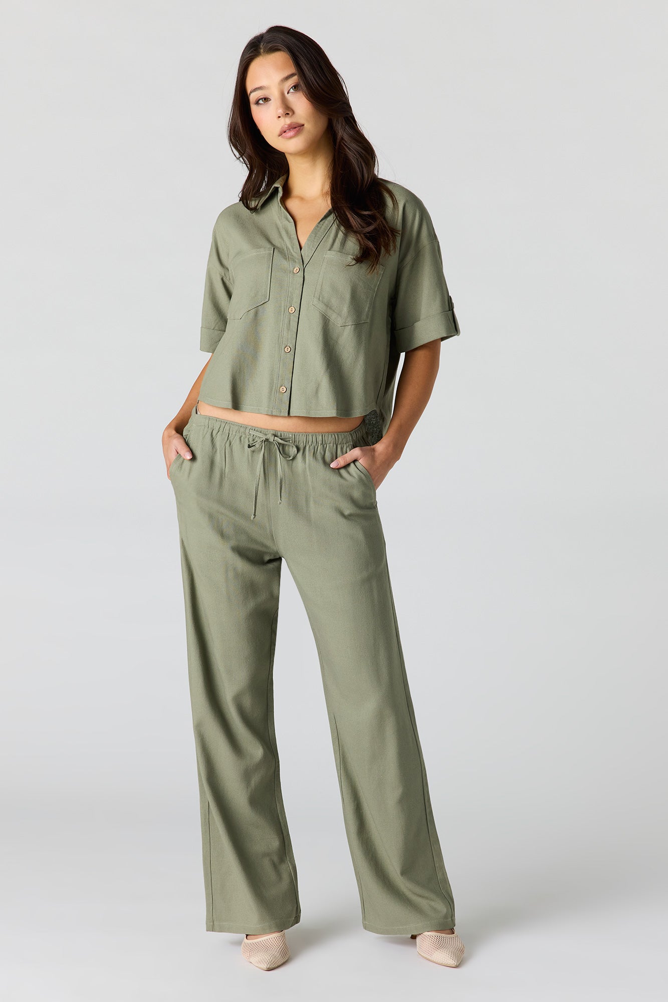 Linen-Blend Button-Up Collared Crop Top