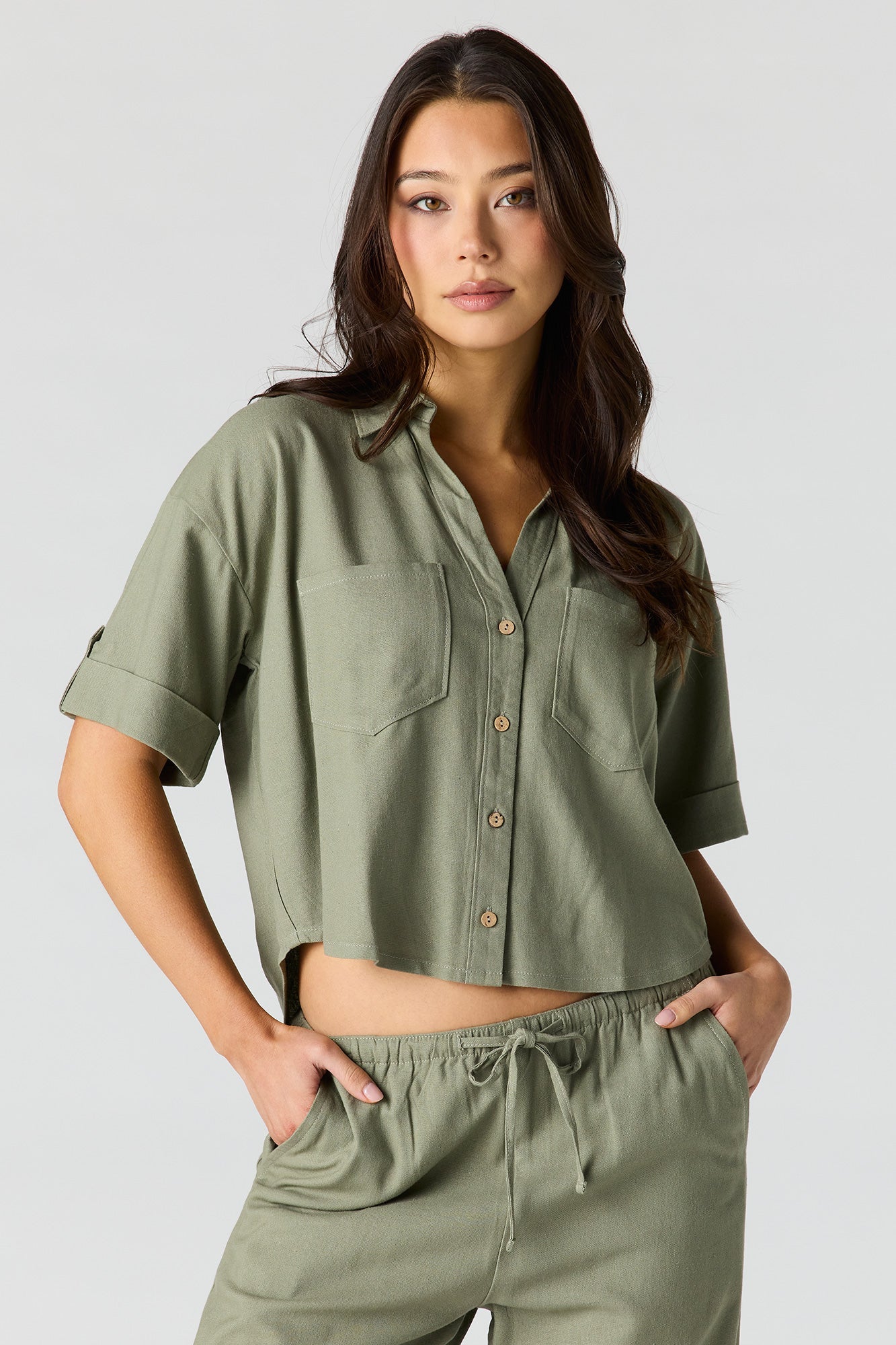 Linen-Blend Button-Up Collared Crop Top