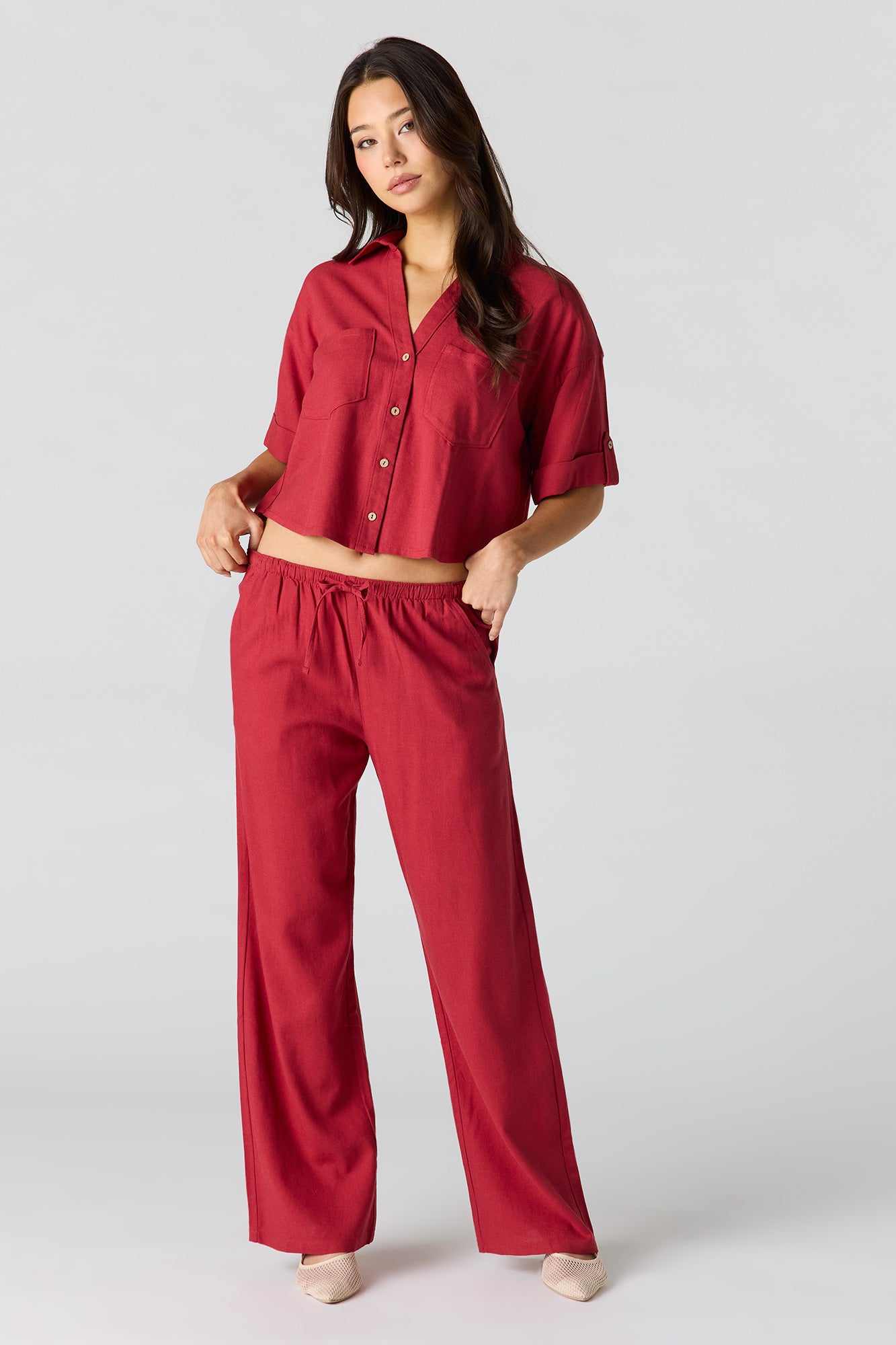 Linen-Blend Button-Up Collared Crop Top