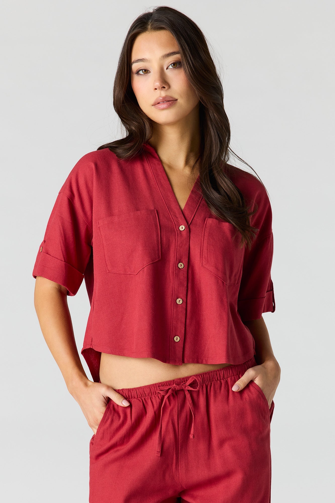 Linen-Blend Button-Up Collared Crop Top