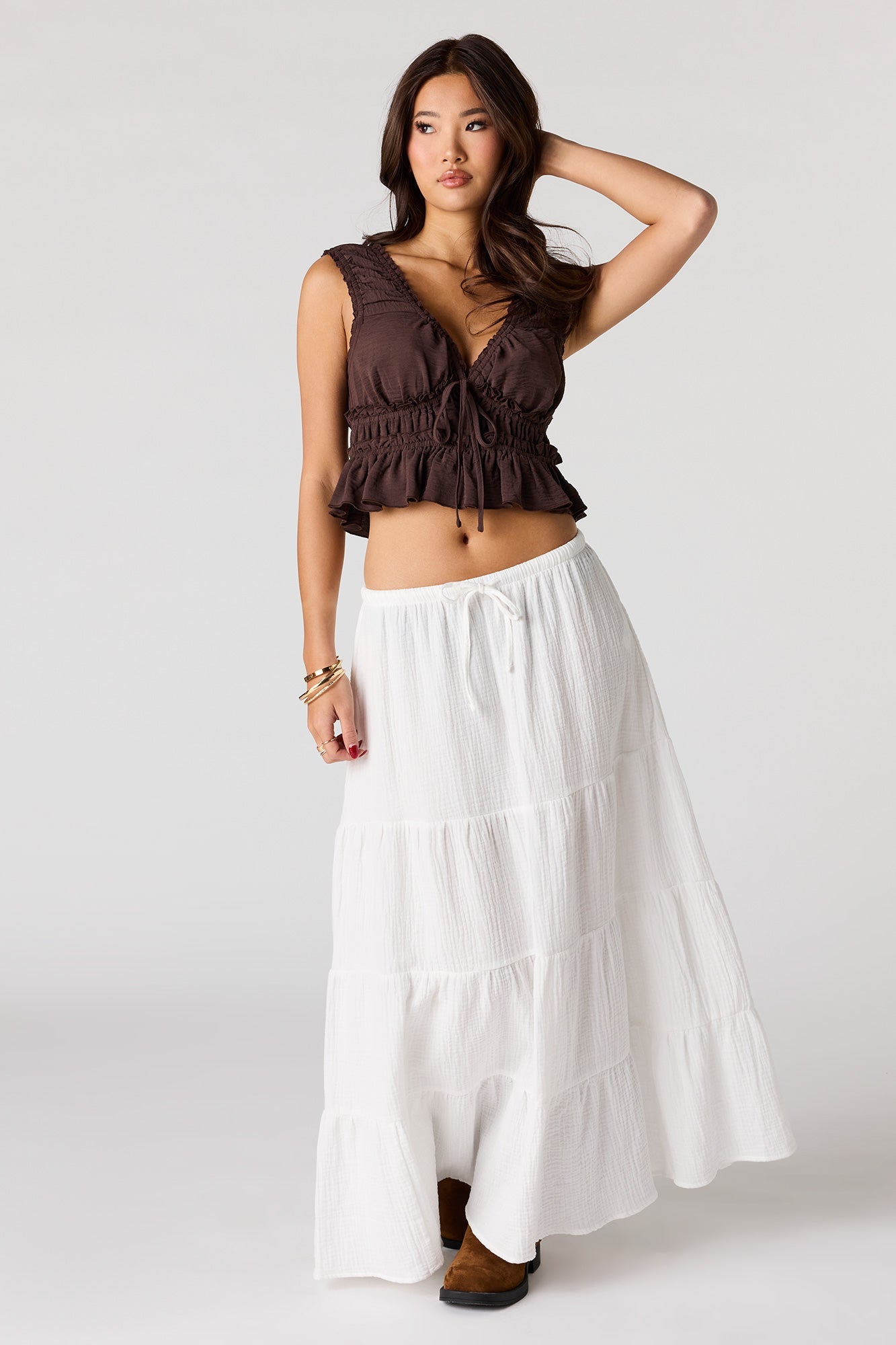 V-Neck Tie Front Ruffle Tank