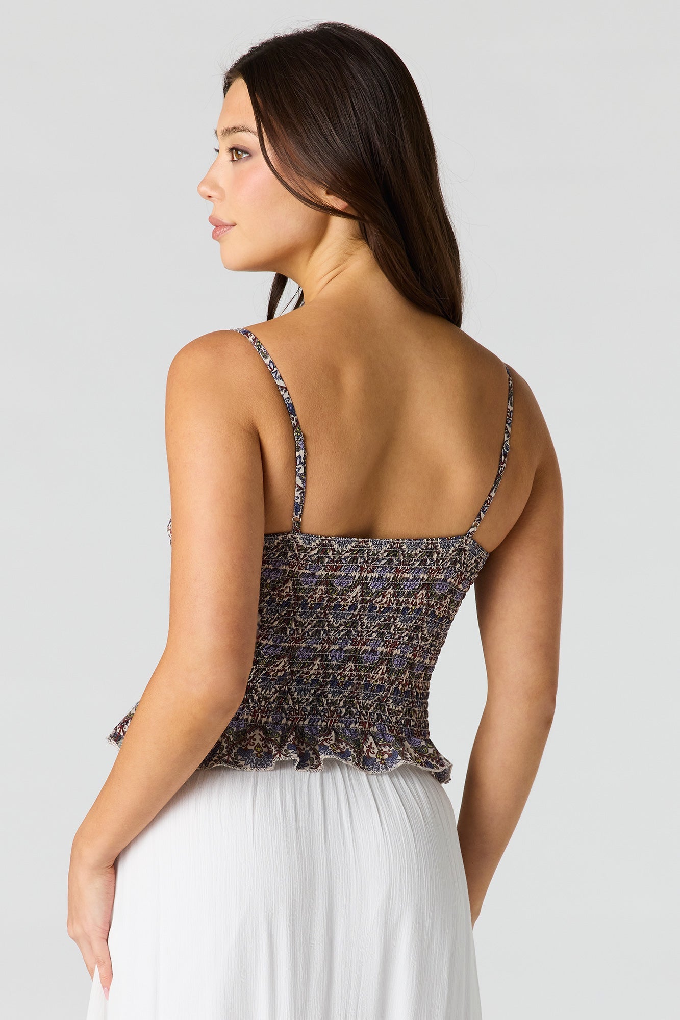 Floral Print Smocked Ruffled Trim Top