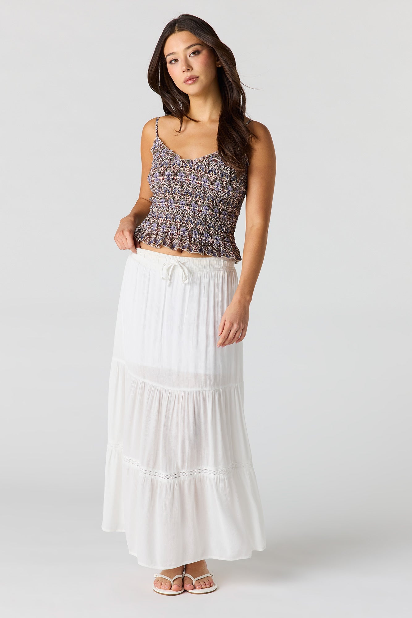 Floral Print Smocked Ruffled Trim Top