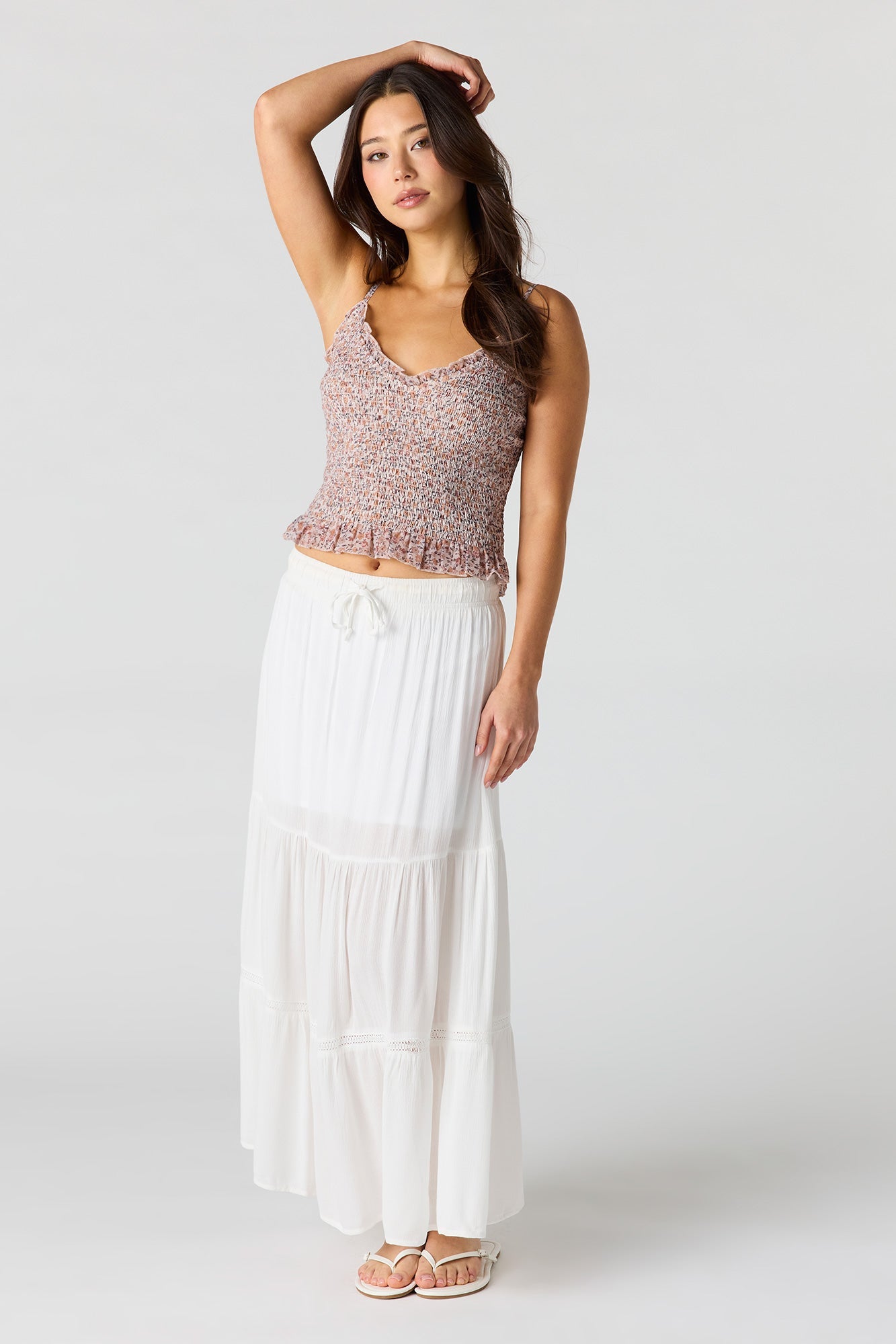 Floral Print Smocked Ruffled Trim Top