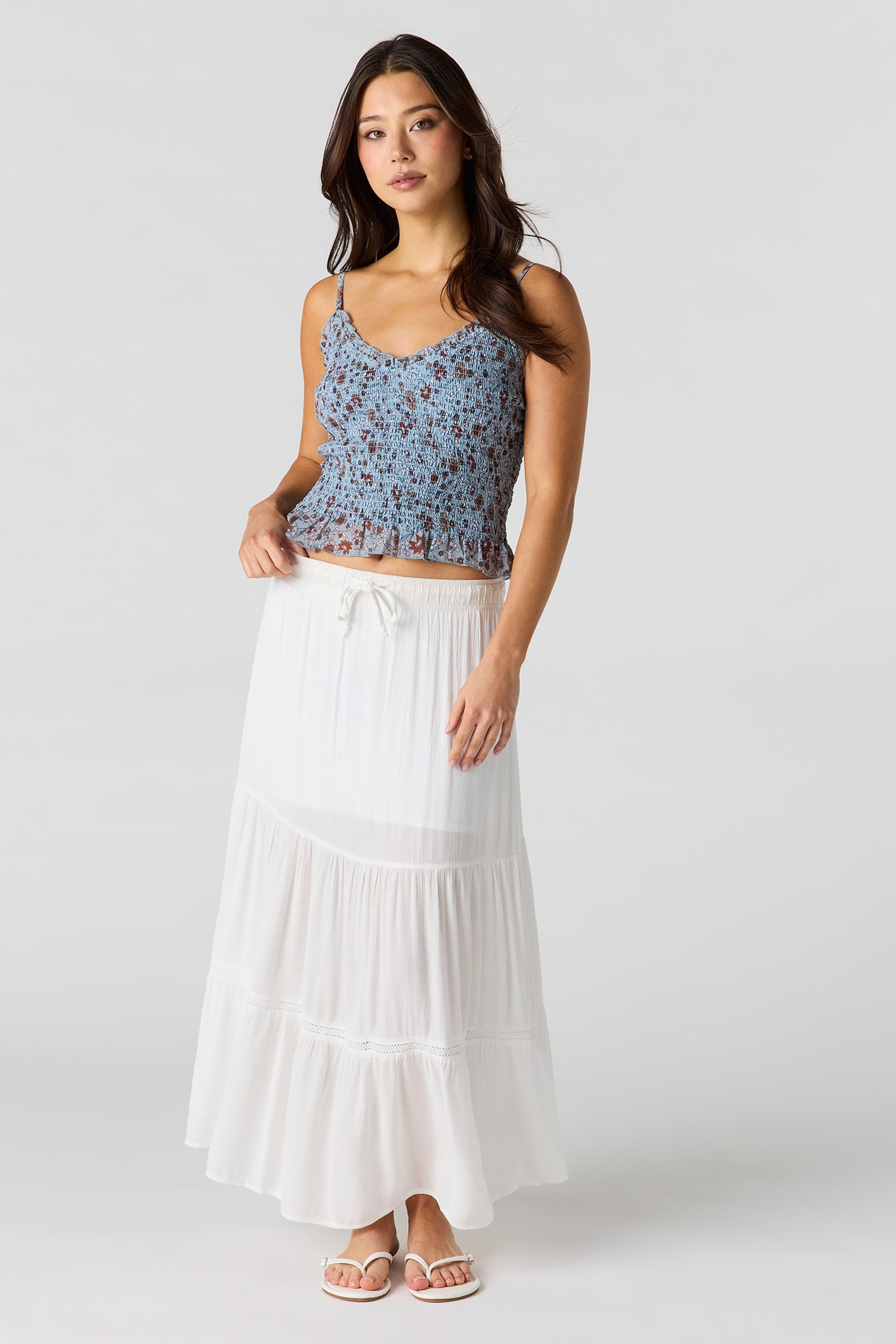 Floral Print Smocked Ruffled Trim Top