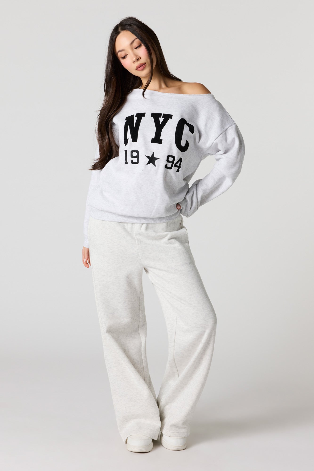 NYC Graphic Off Shoulder Fleece Sweatshirt