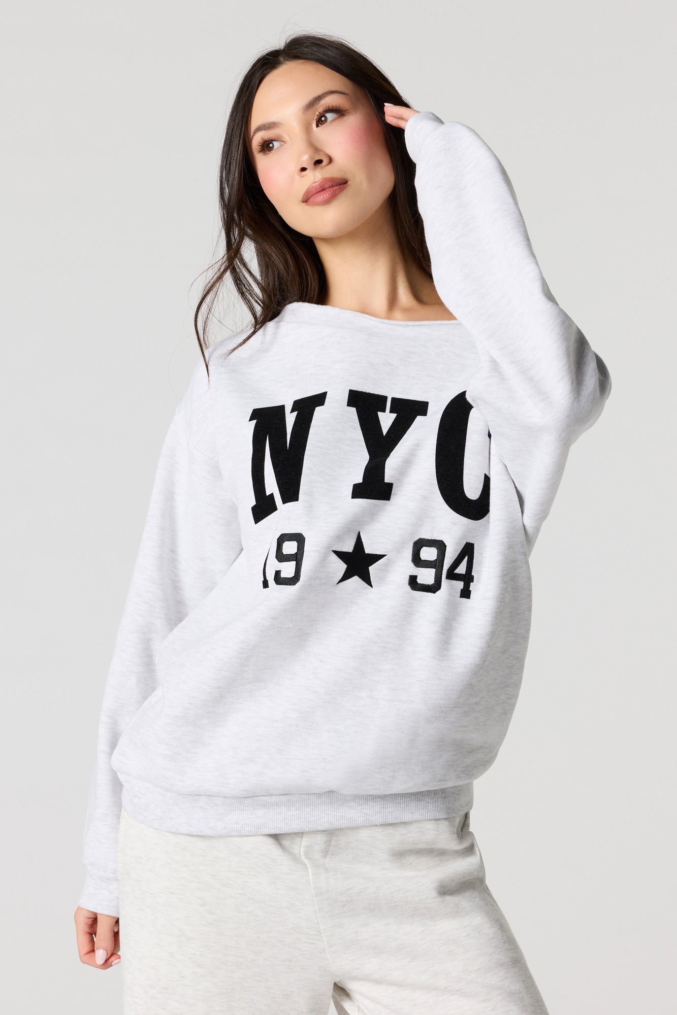 NYC Graphic Off Shoulder Fleece Sweatshirt