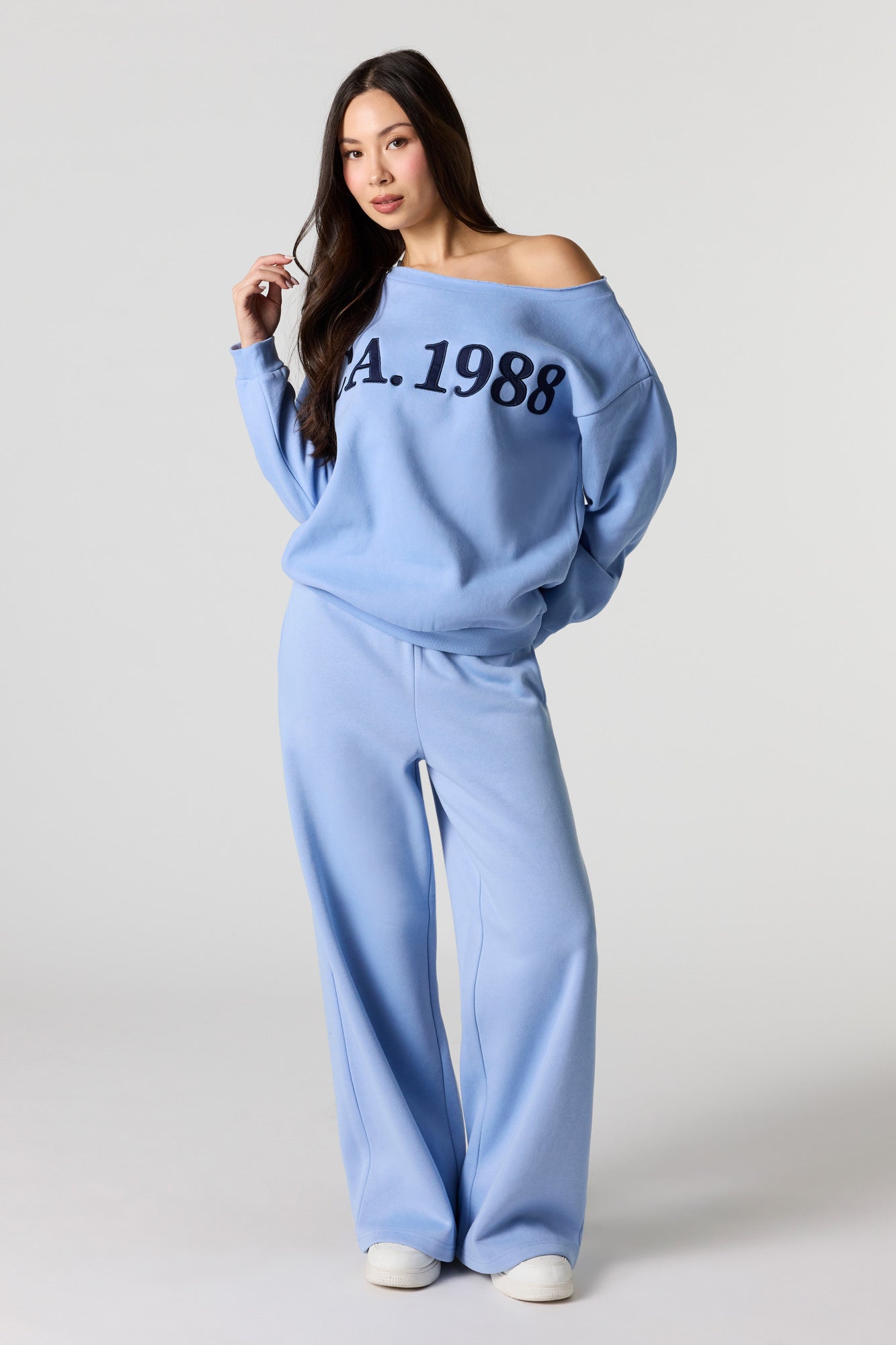 CA Embroidered Off Shoulder Fleece Sweatshirt