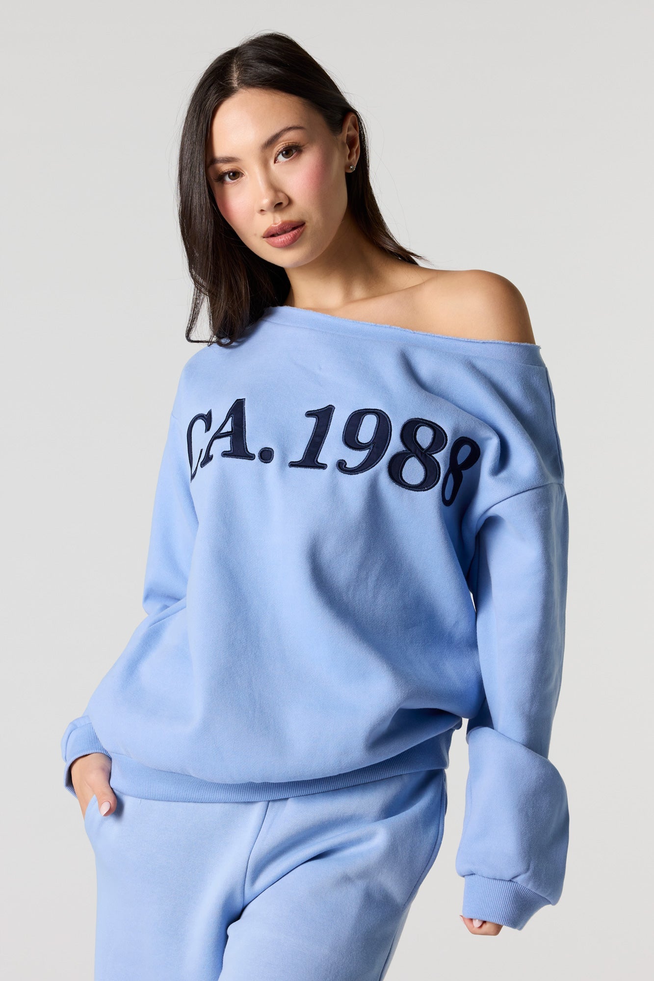 CA Embroidered Off Shoulder Fleece Sweatshirt