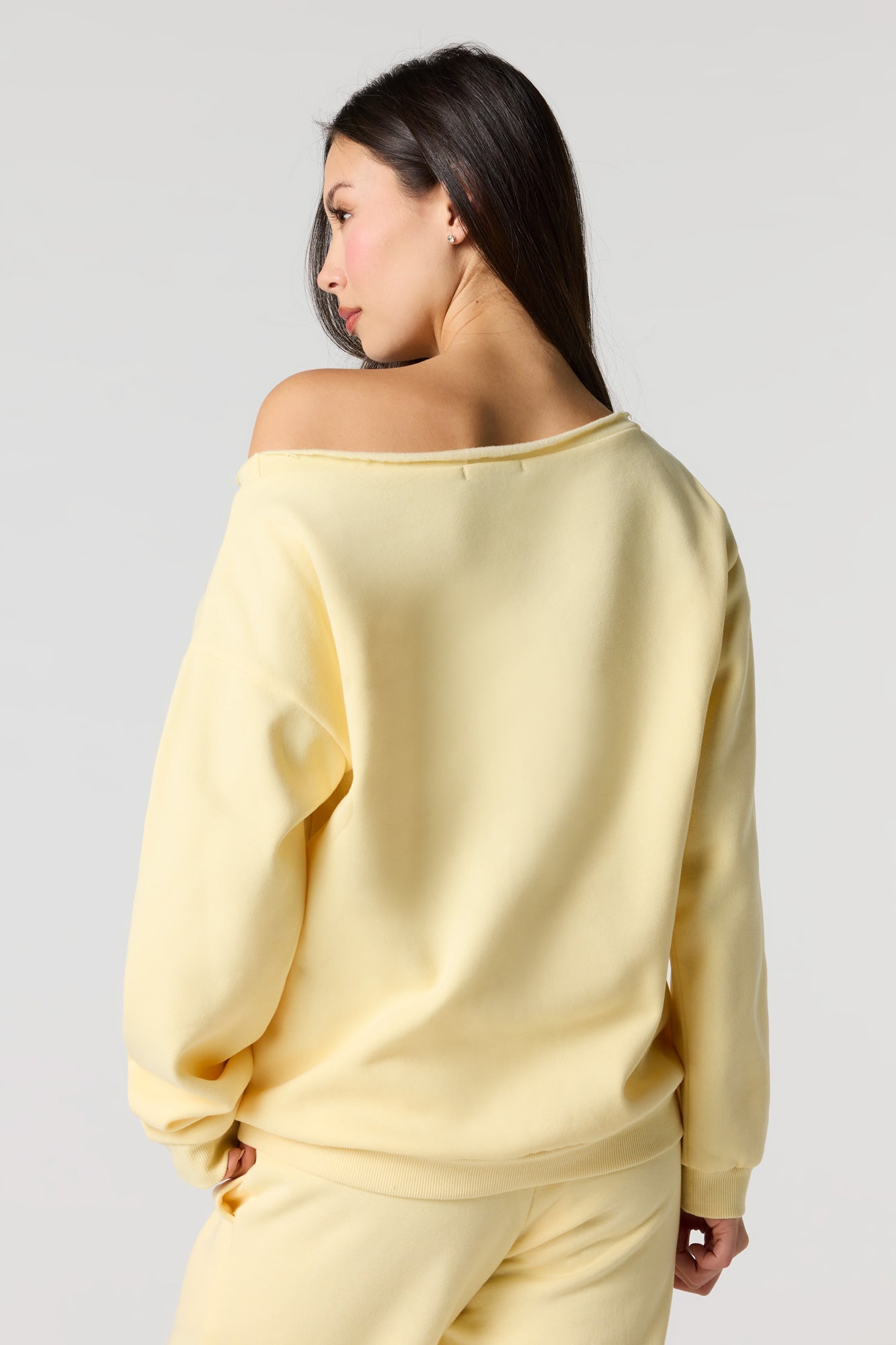Academie Chenille Embroidered Off Shoulder Fleece Sweatshirt