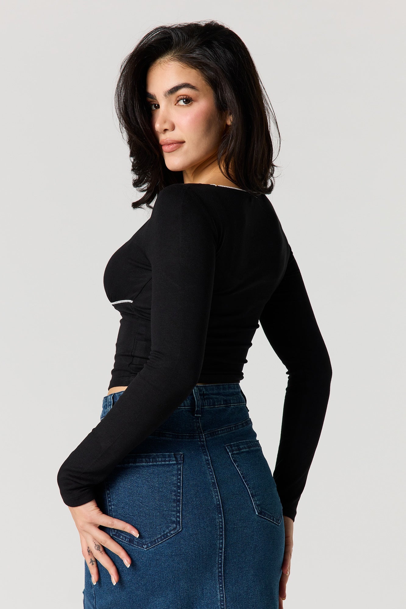 Lace Trim Bow Long Sleeve Top