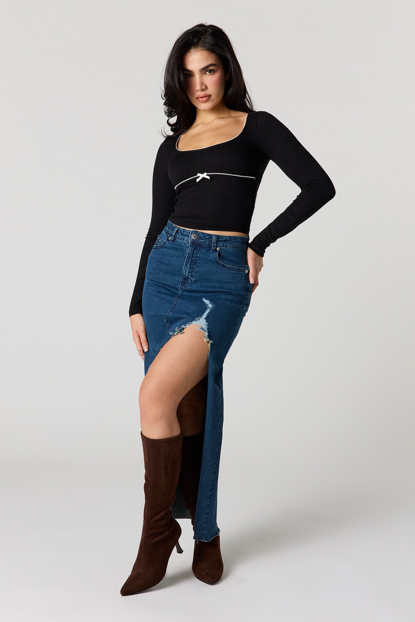 Lace Trim Bow Long Sleeve Top