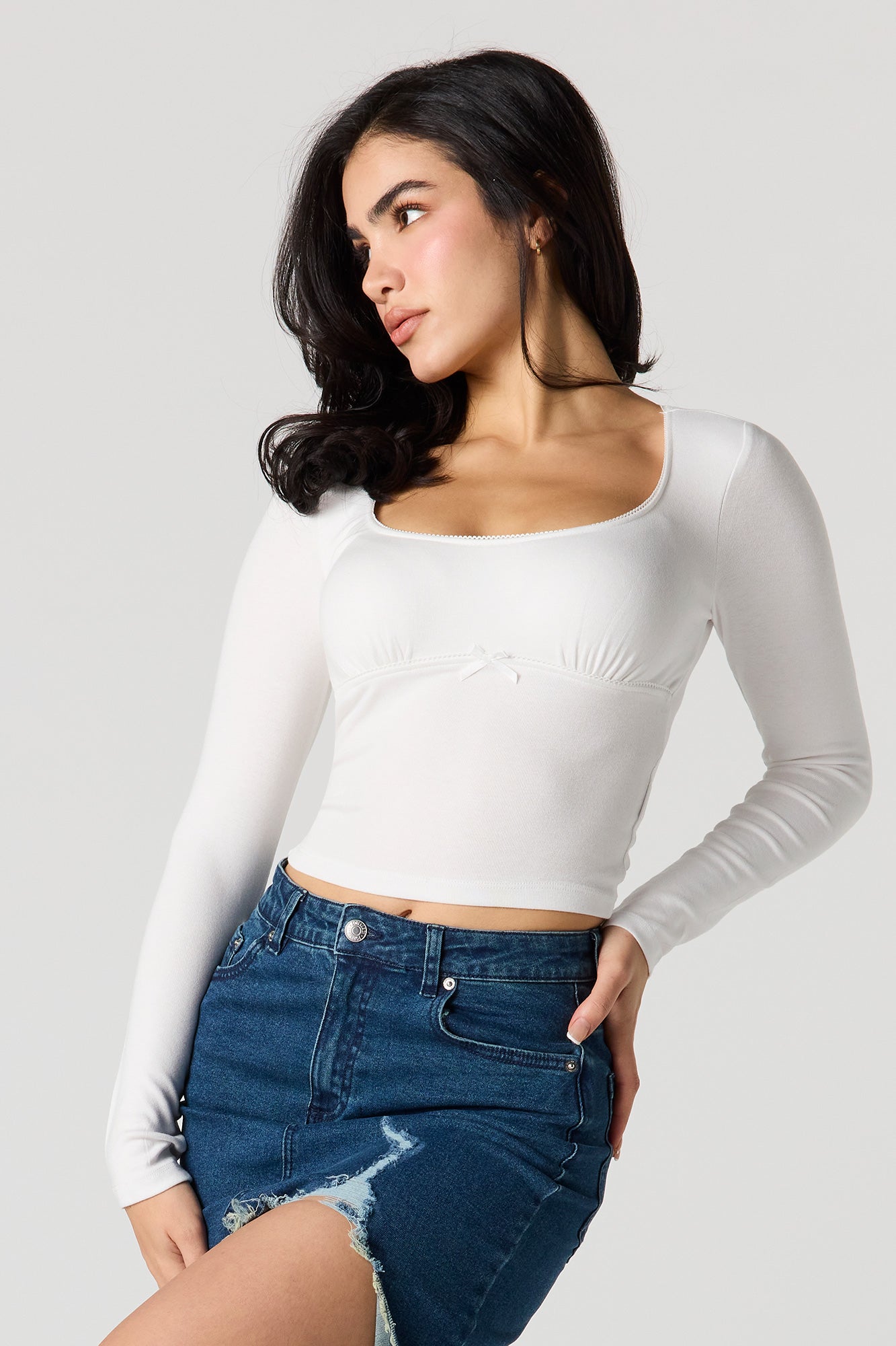Lace Trim Bow Long Sleeve Top