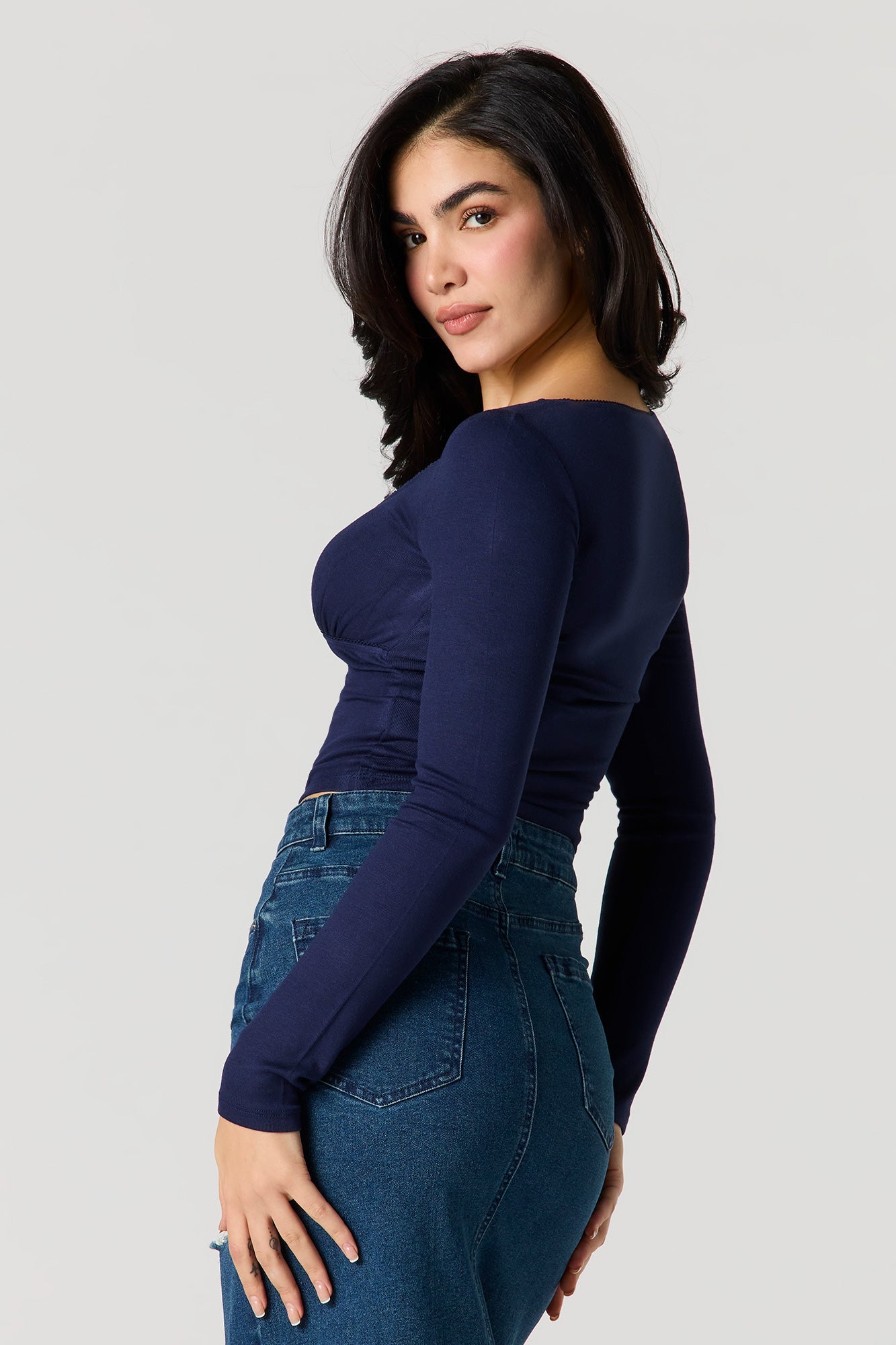 Lace Trim Bow Long Sleeve Top
