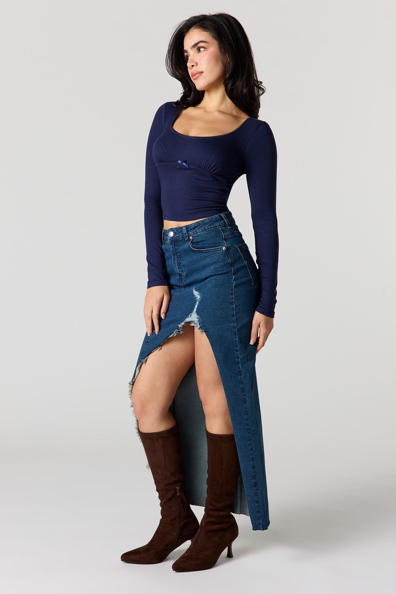 Lace Trim Bow Long Sleeve Top