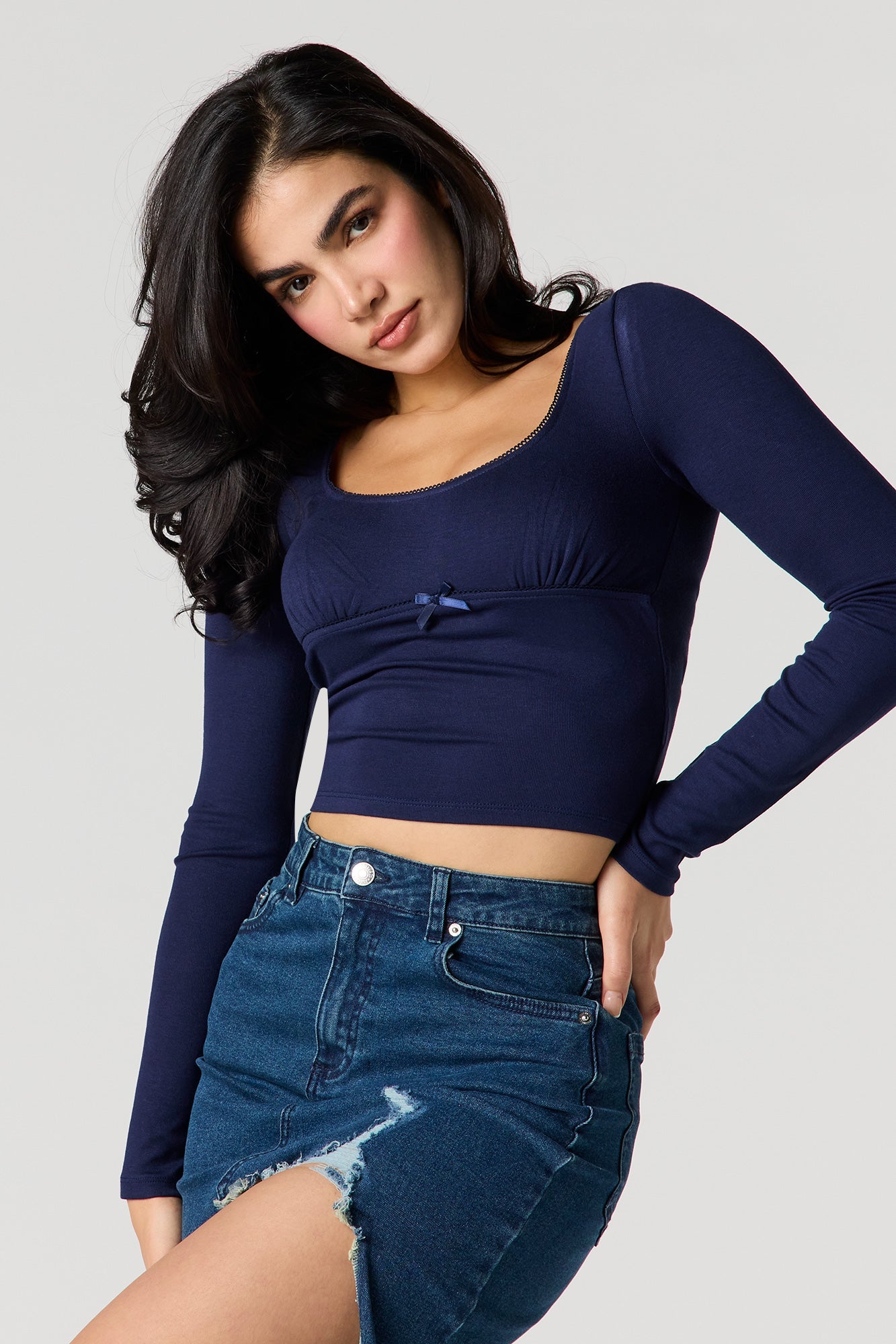 Lace Trim Bow Long Sleeve Top