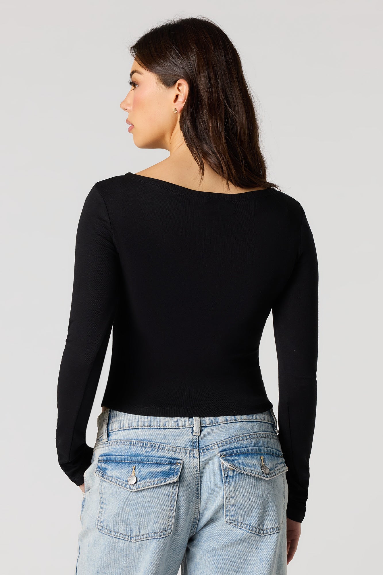 Ribbed Ribbon Bow Long Sleeve Top