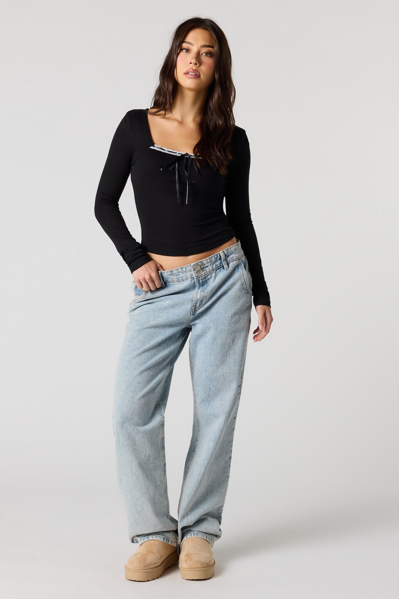 Ribbed Ribbon Bow Long Sleeve Top