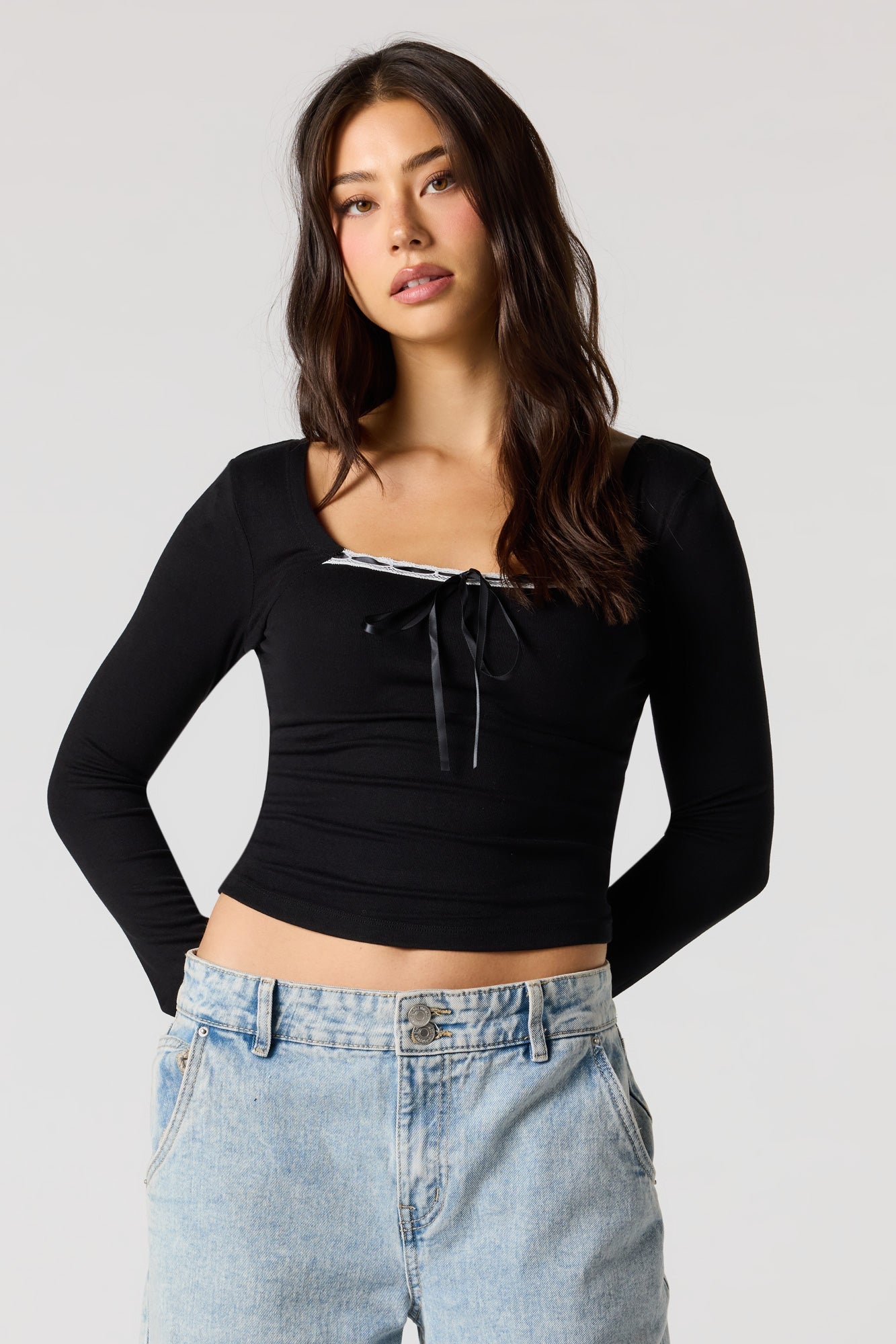 Ribbed Ribbon Bow Long Sleeve Top