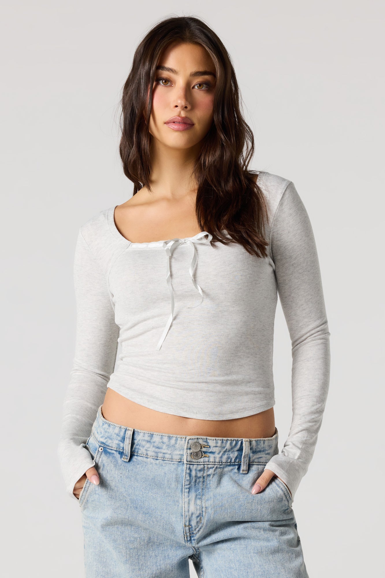 Ribbed Ribbon Bow Long Sleeve Top