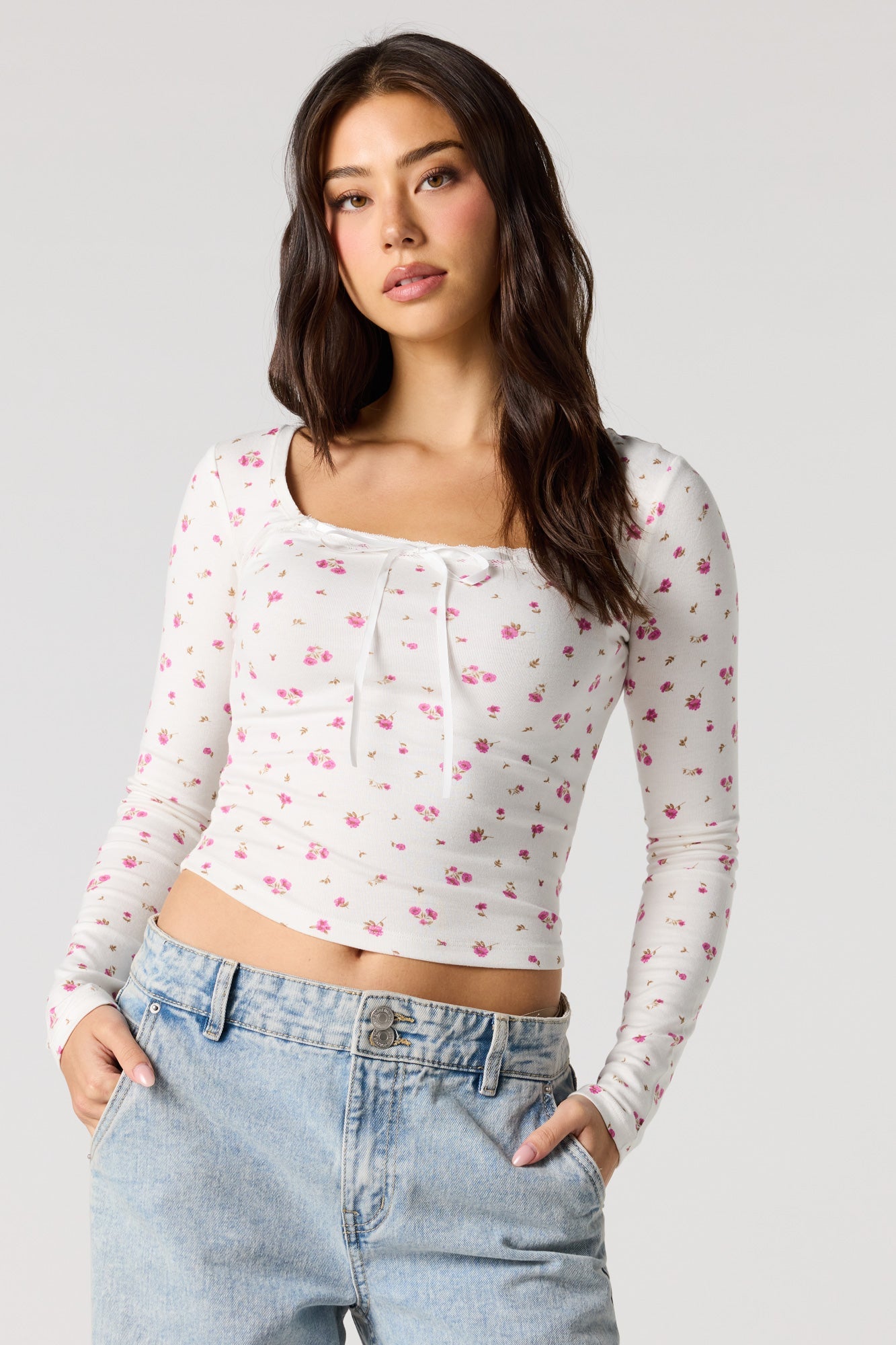 Ribbed Ribbon Bow Long Sleeve Top