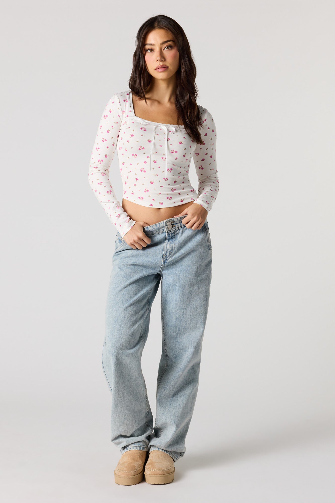 Ribbed Ribbon Bow Long Sleeve Top