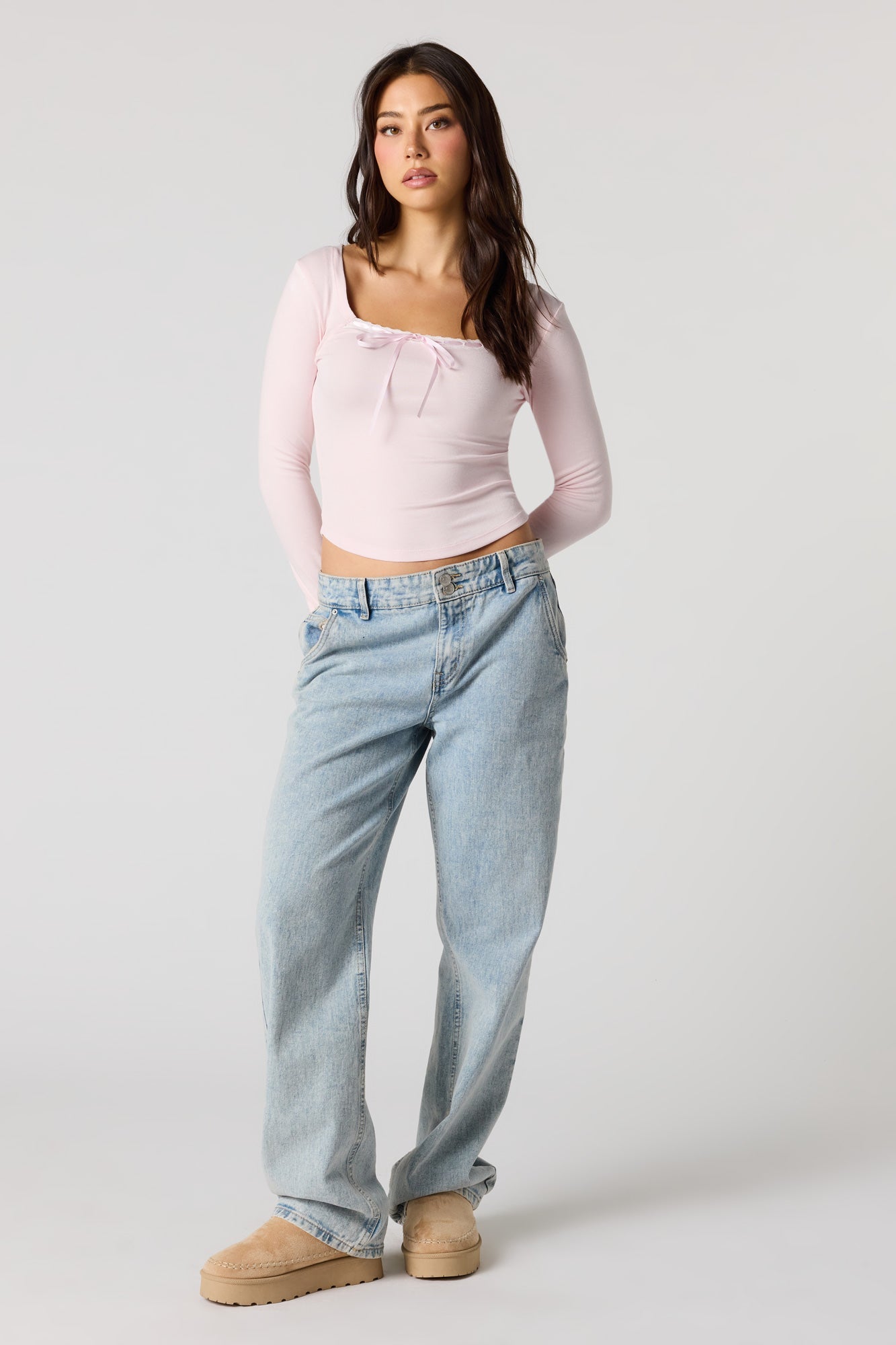 Ribbed Ribbon Bow Long Sleeve Top