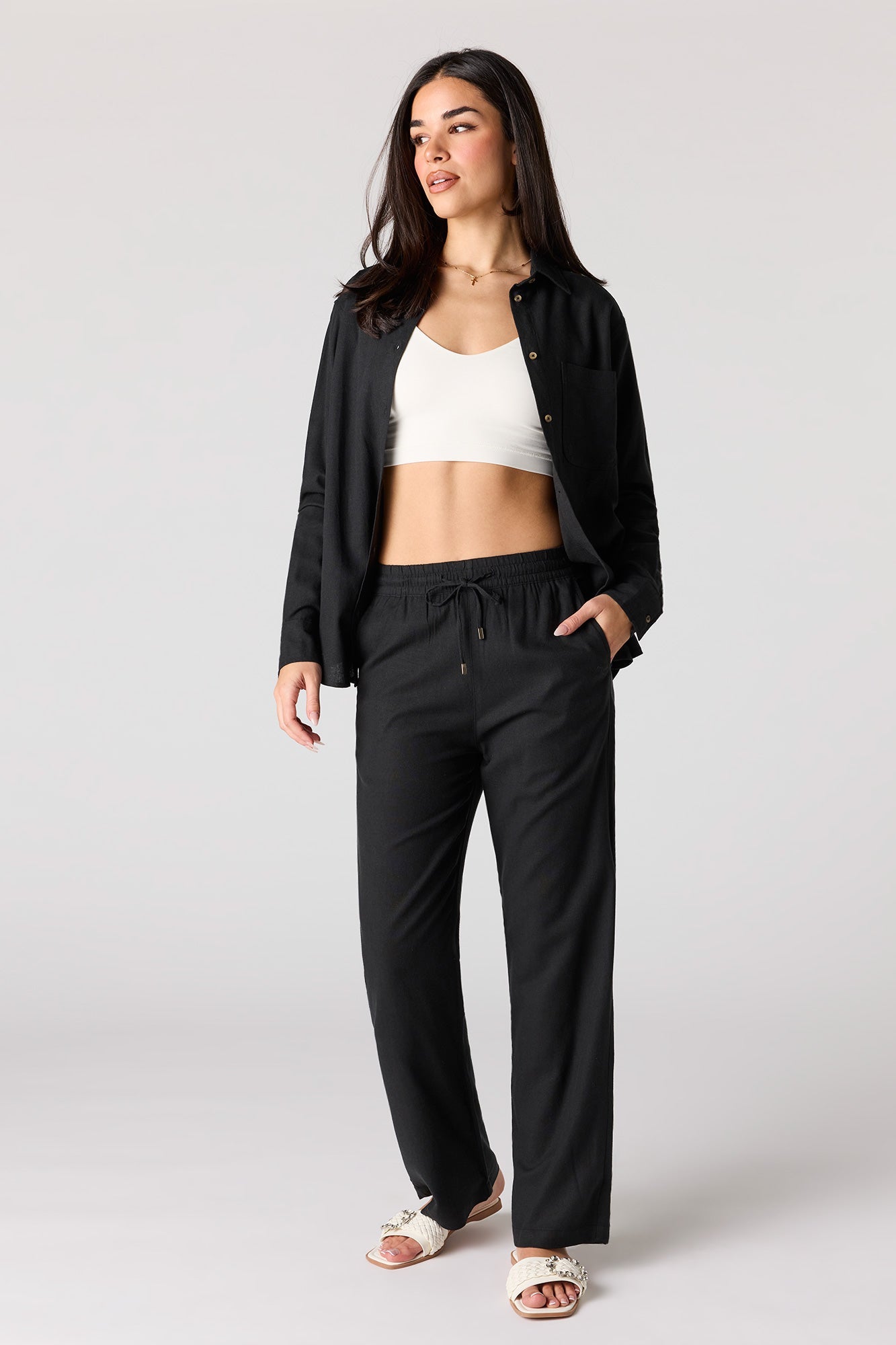 Linen-Blend Wide Leg Pant
