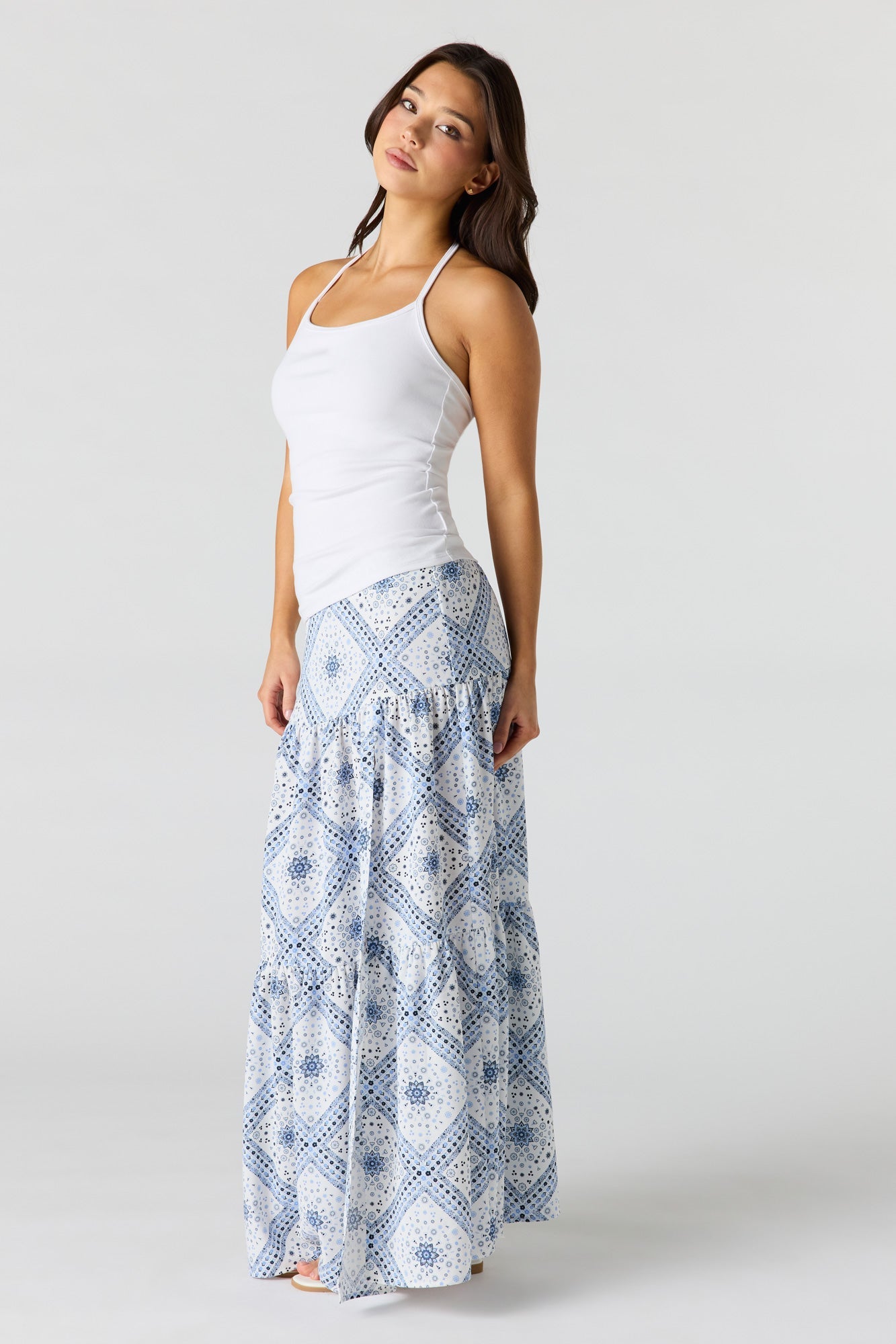 Printed Flowy Tiered Slit Maxi Skirt