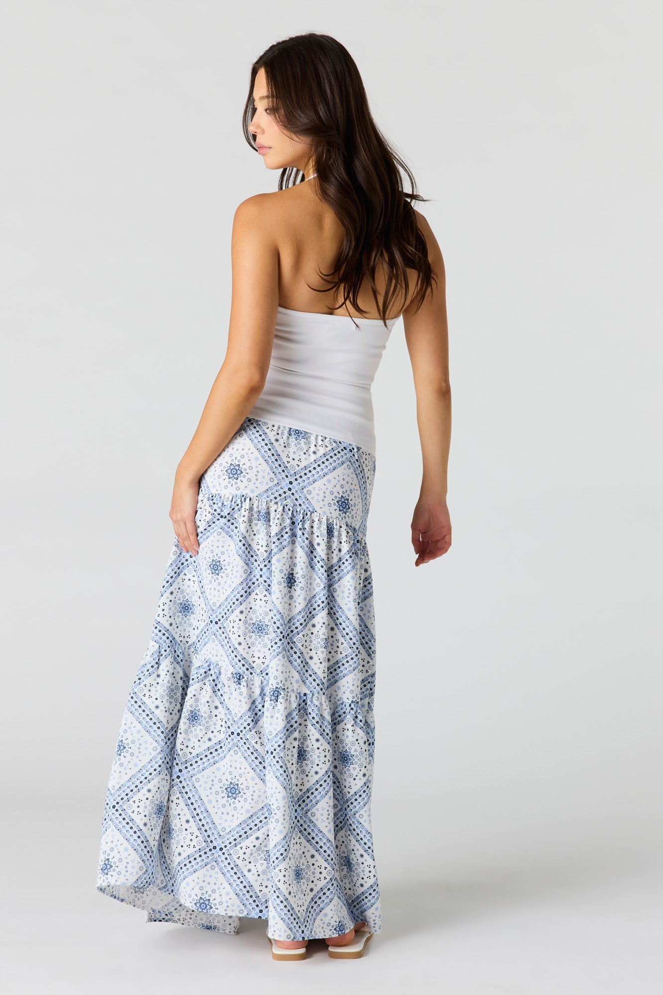 Printed Flowy Tiered Slit Maxi Skirt