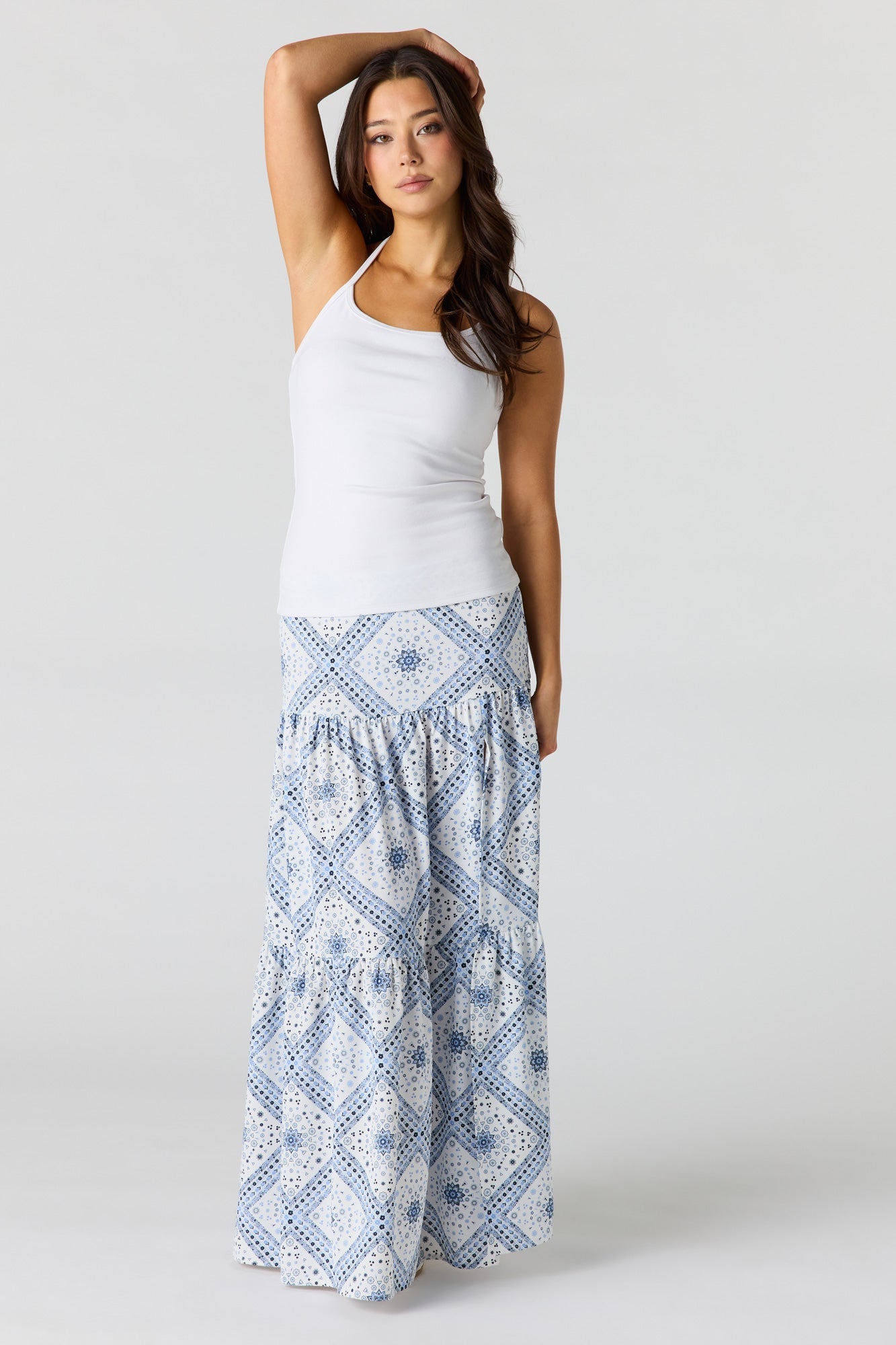 Printed Flowy Tiered Slit Maxi Skirt