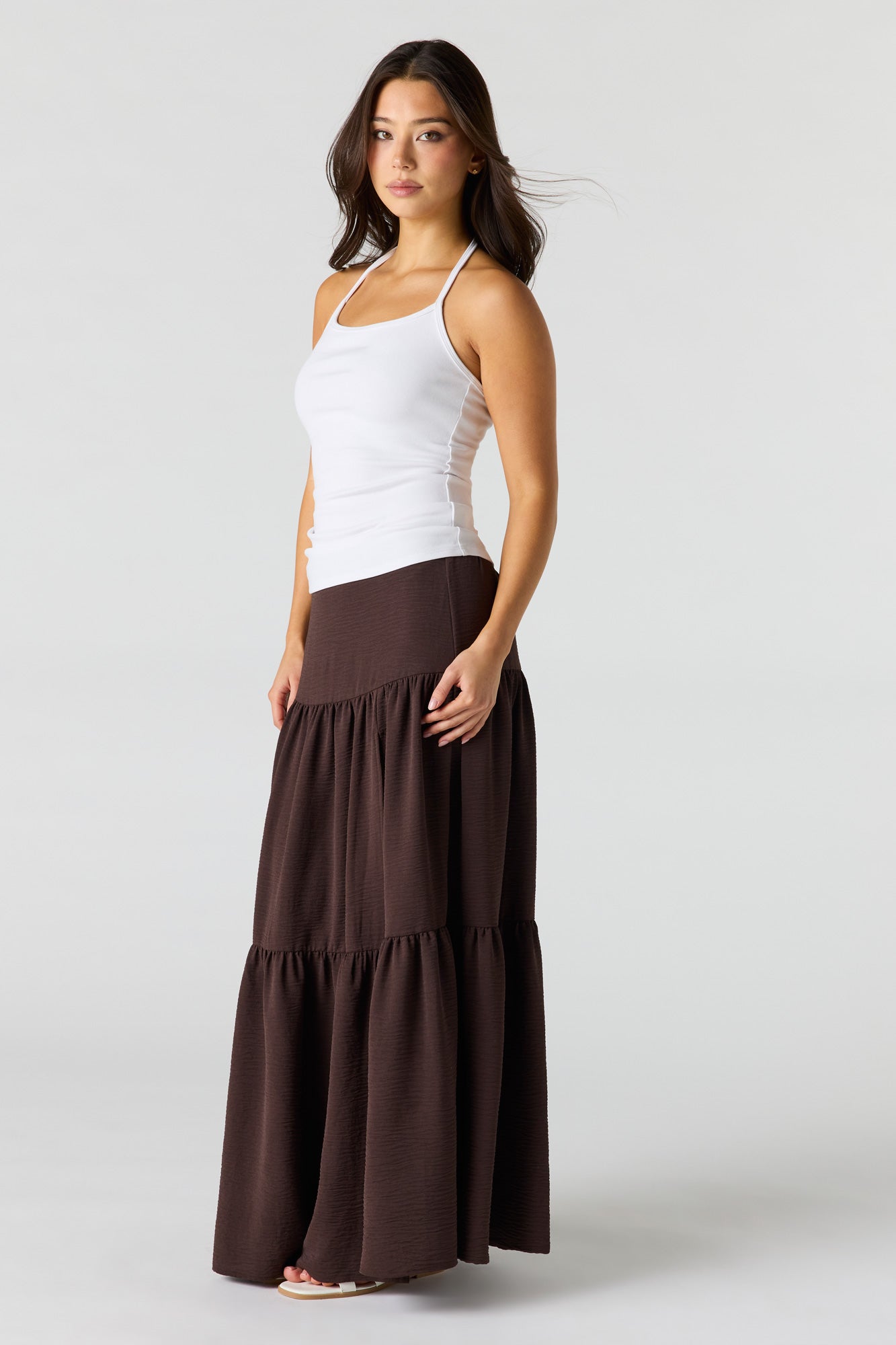 Printed Flowy Tiered Slit Maxi Skirt