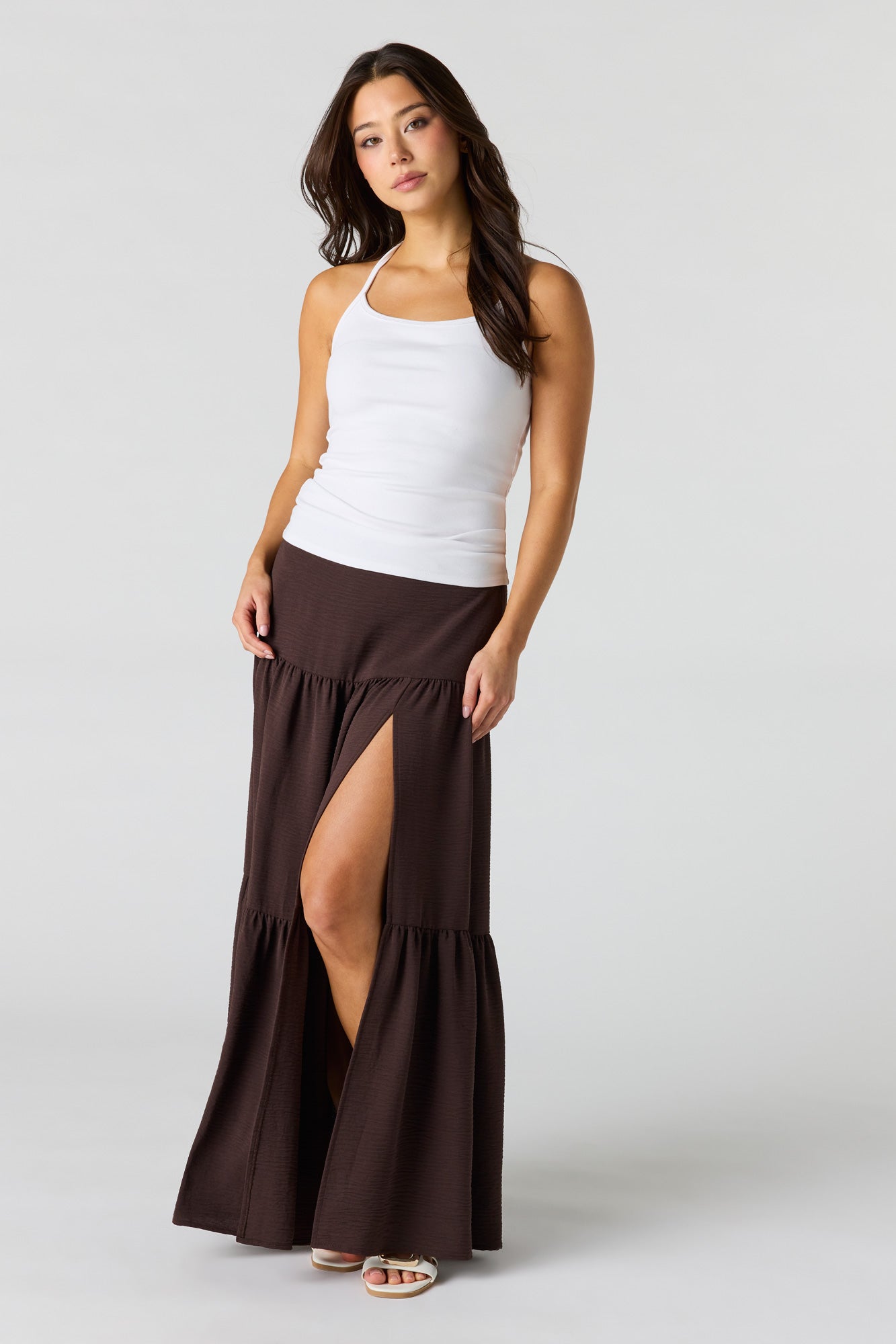 Printed Flowy Tiered Slit Maxi Skirt