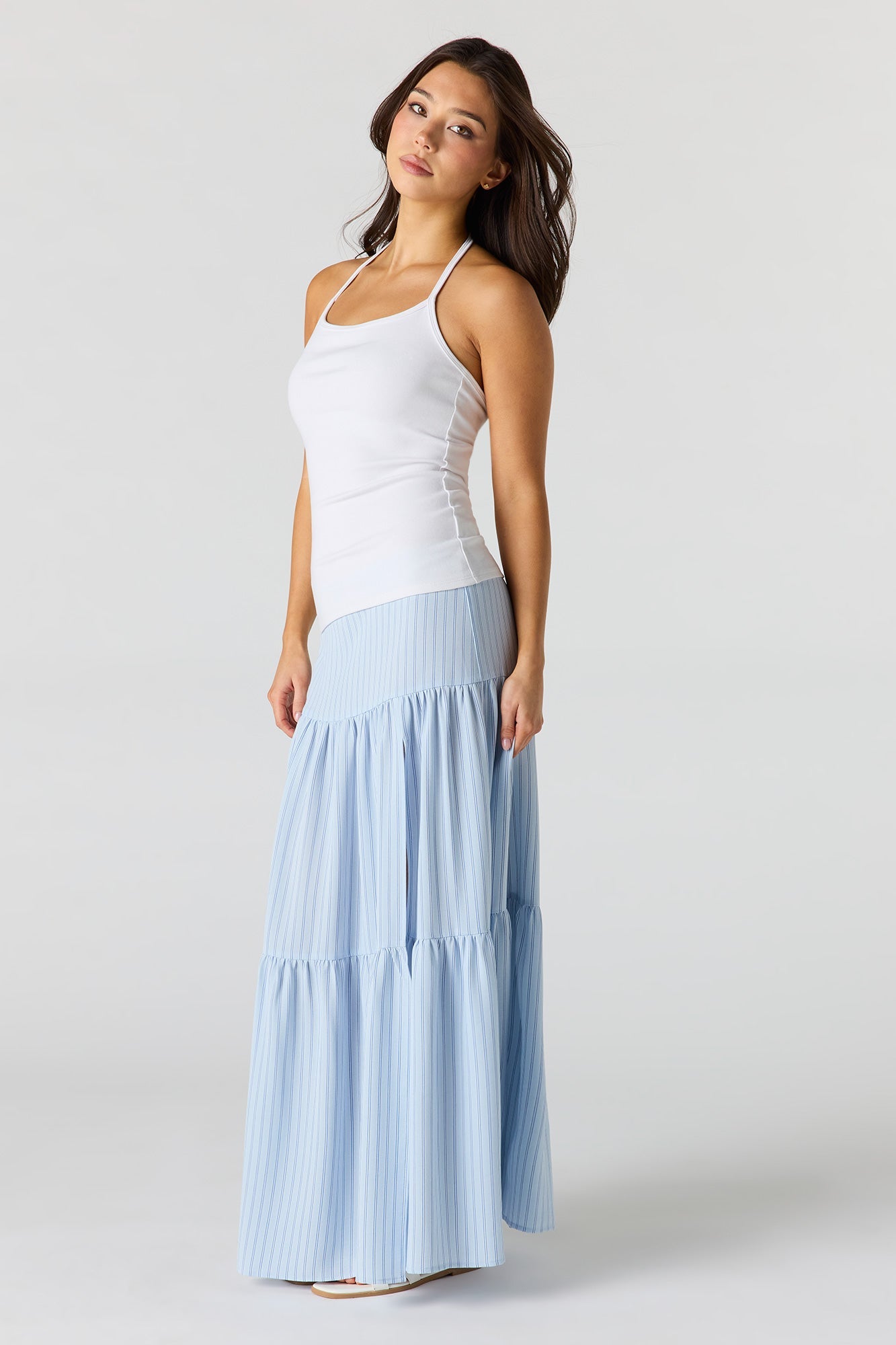 Printed Flowy Tiered Slit Maxi Skirt