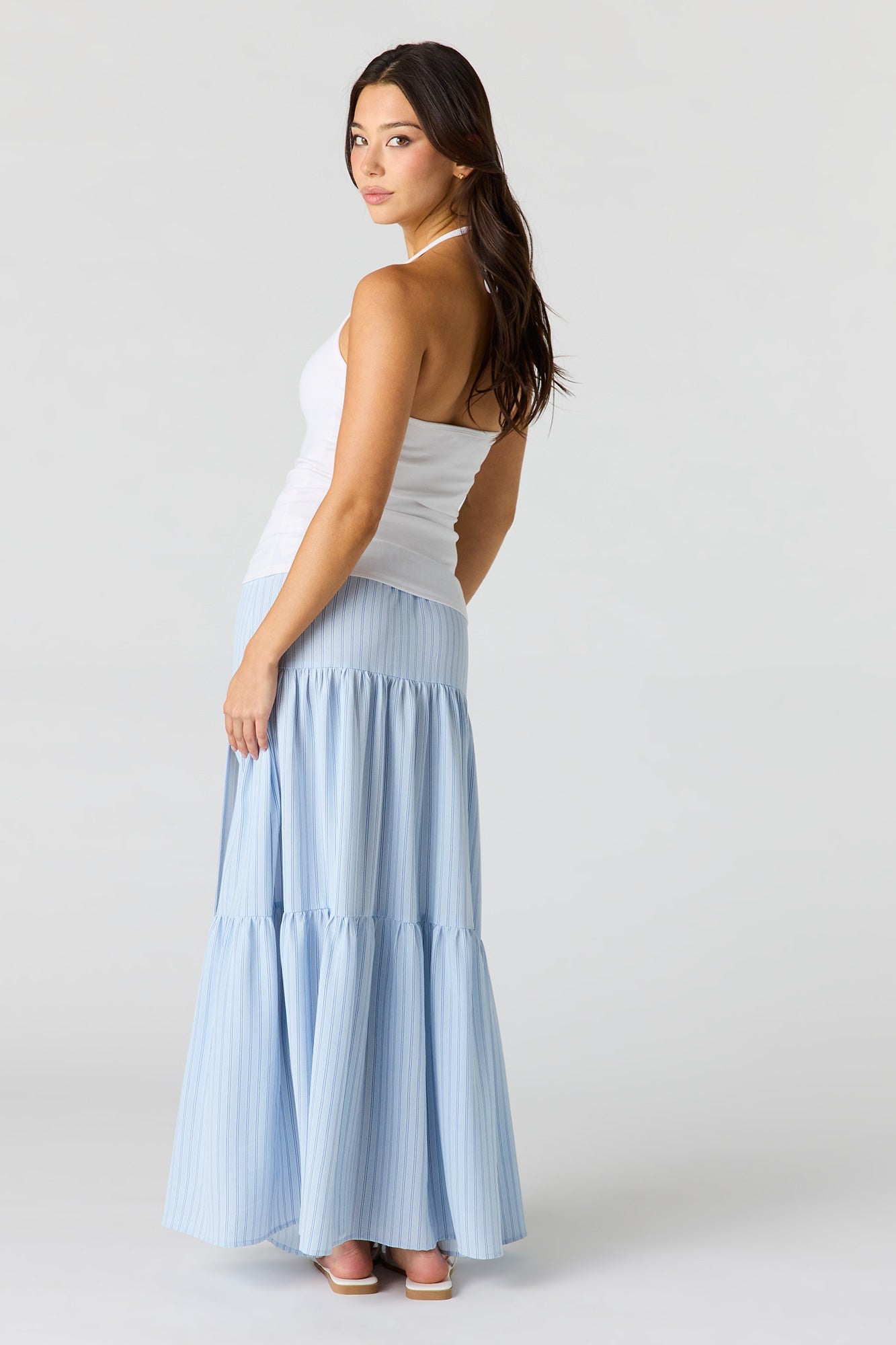 Printed Flowy Tiered Slit Maxi Skirt