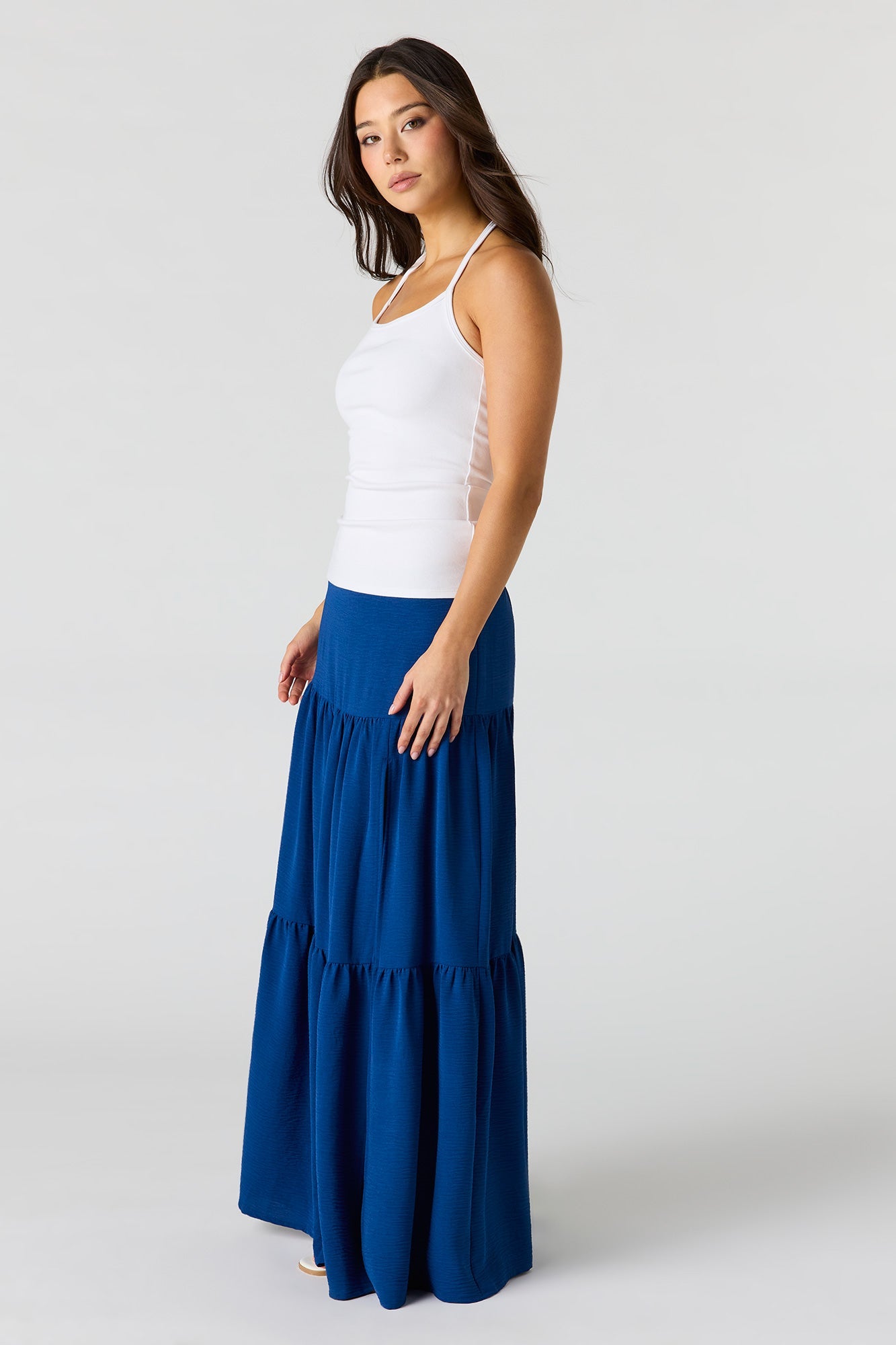 Printed Flowy Tiered Slit Maxi Skirt