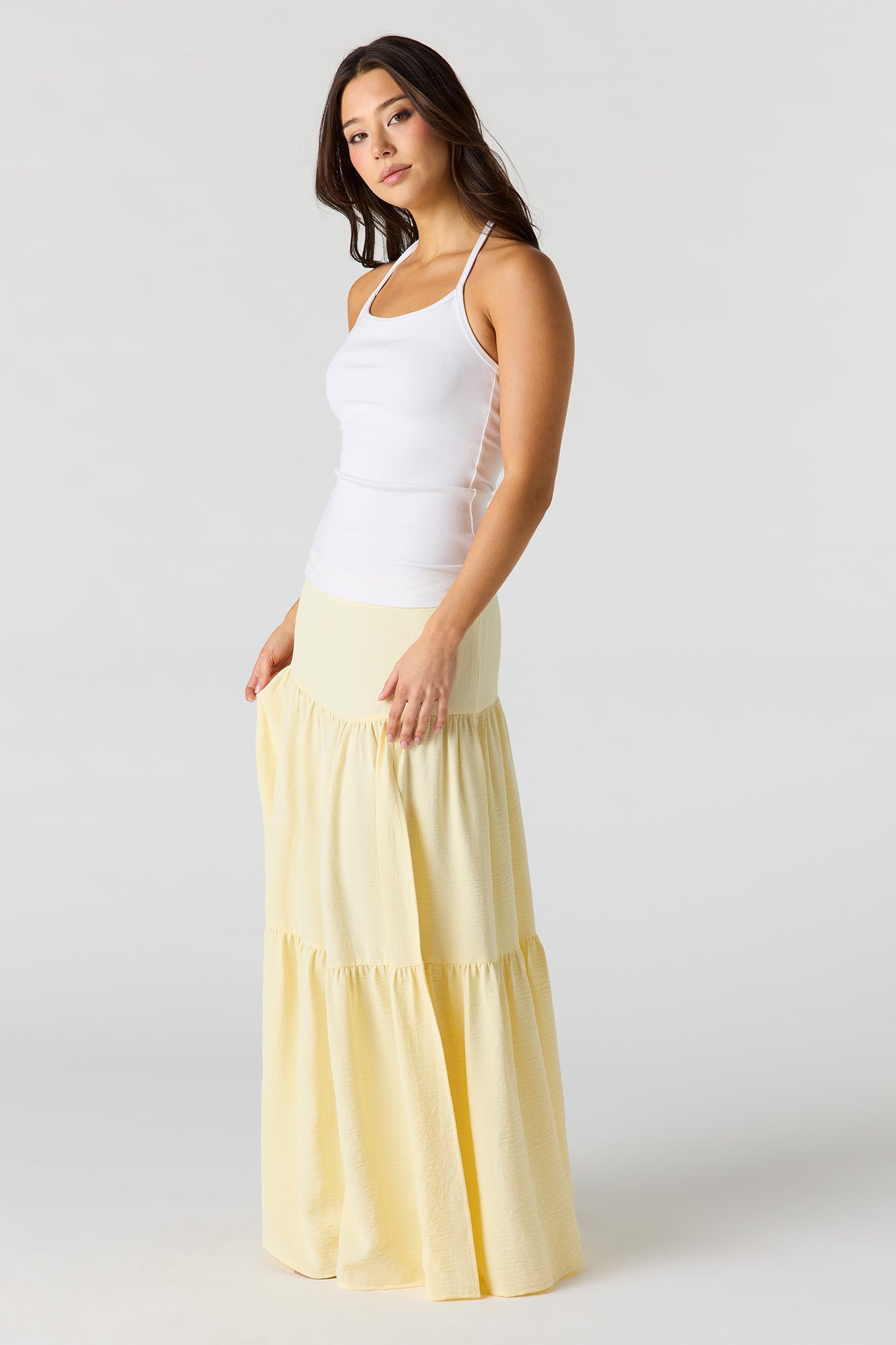 Printed Flowy Tiered Slit Maxi Skirt