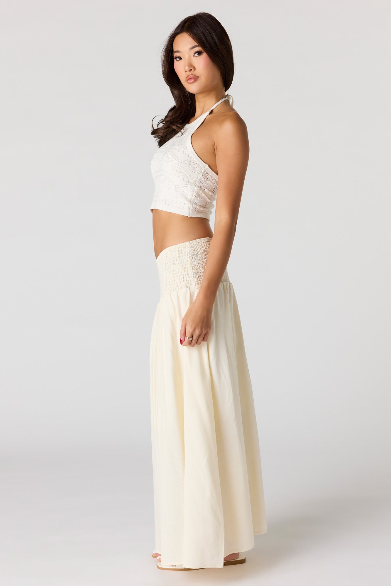 Linen-Blend Smocked Waist Maxi Skirt