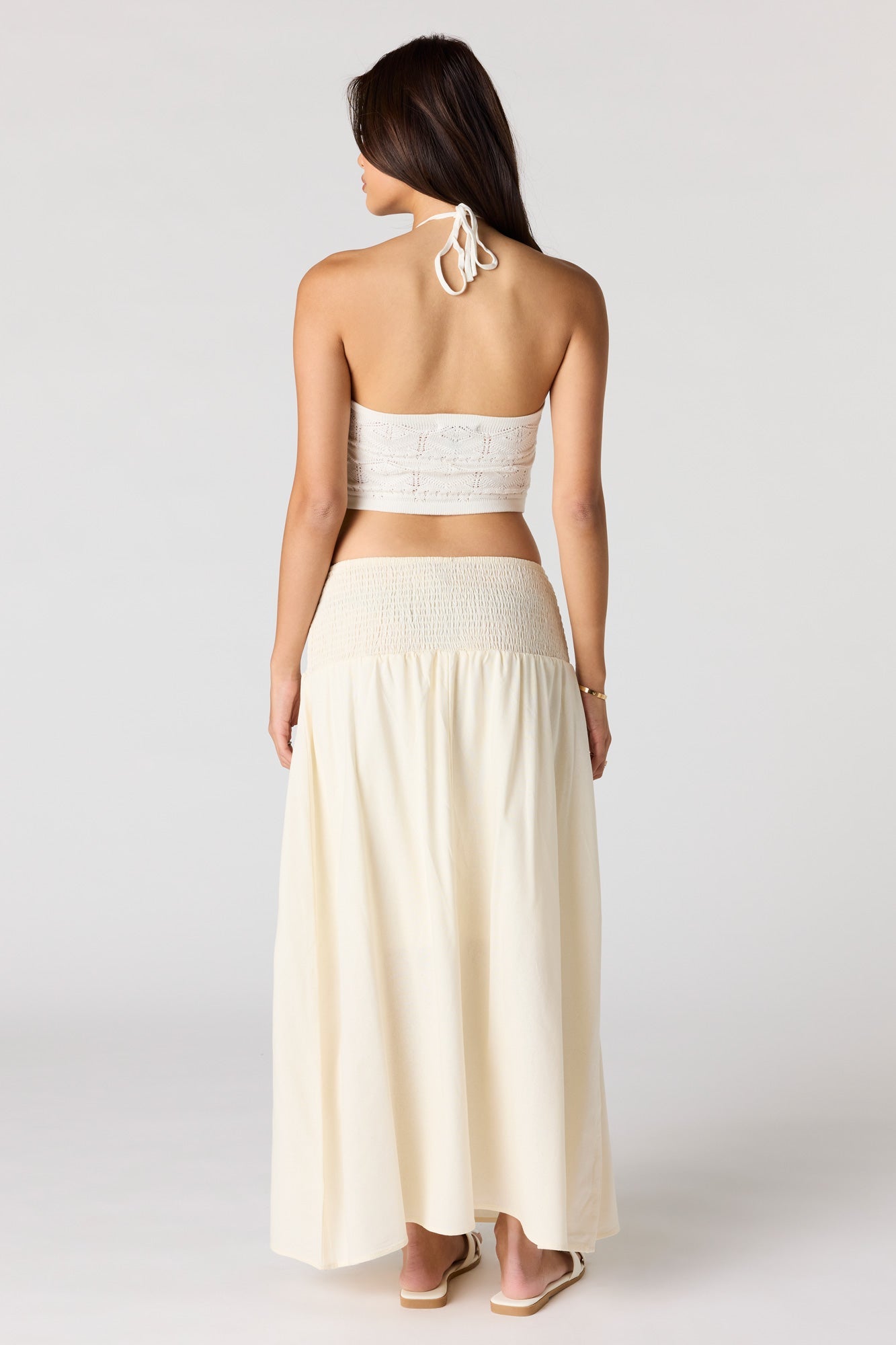 Linen-Blend Smocked Waist Maxi Skirt