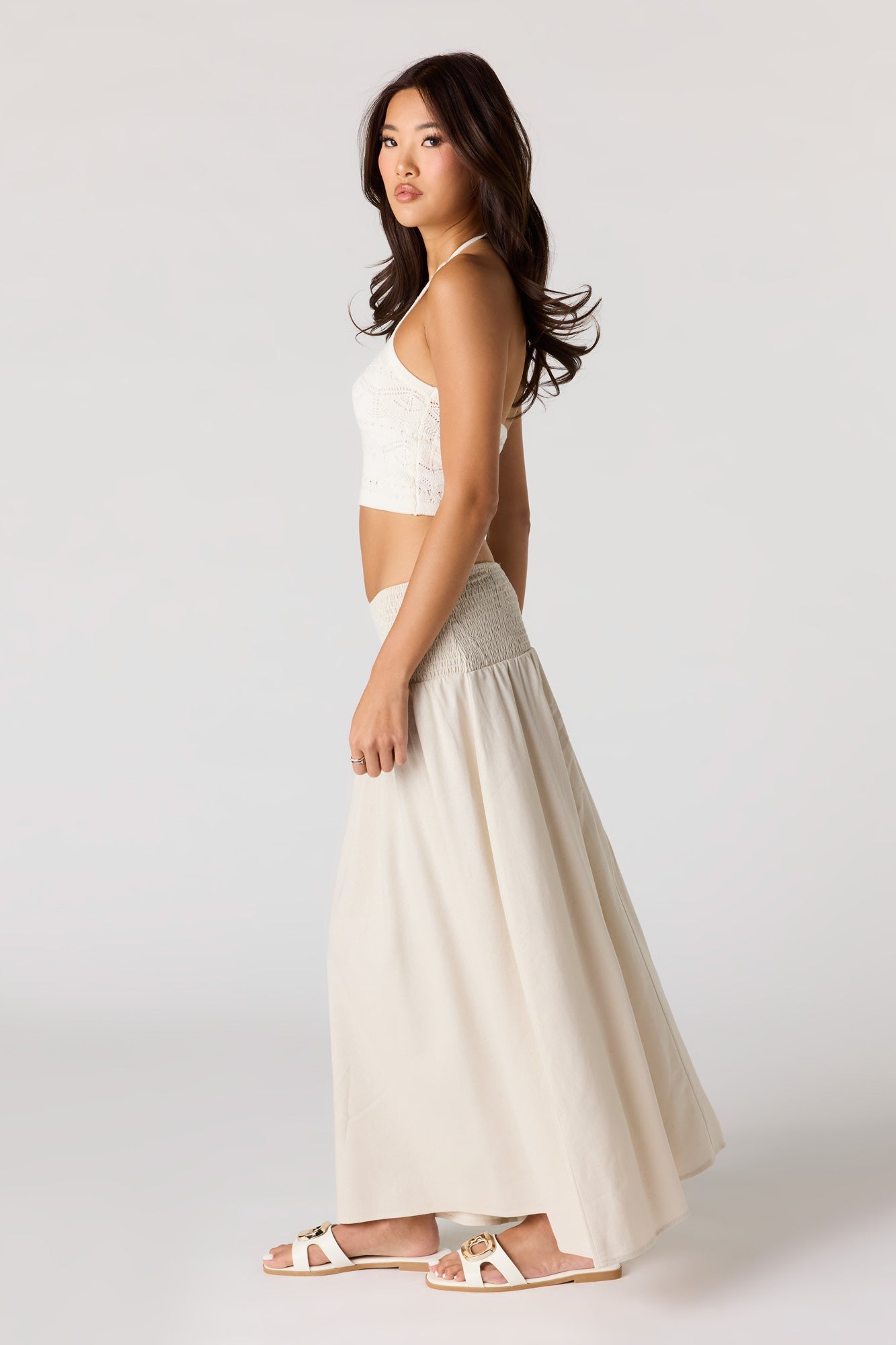 Linen-Blend Smocked Waist Maxi Skirt