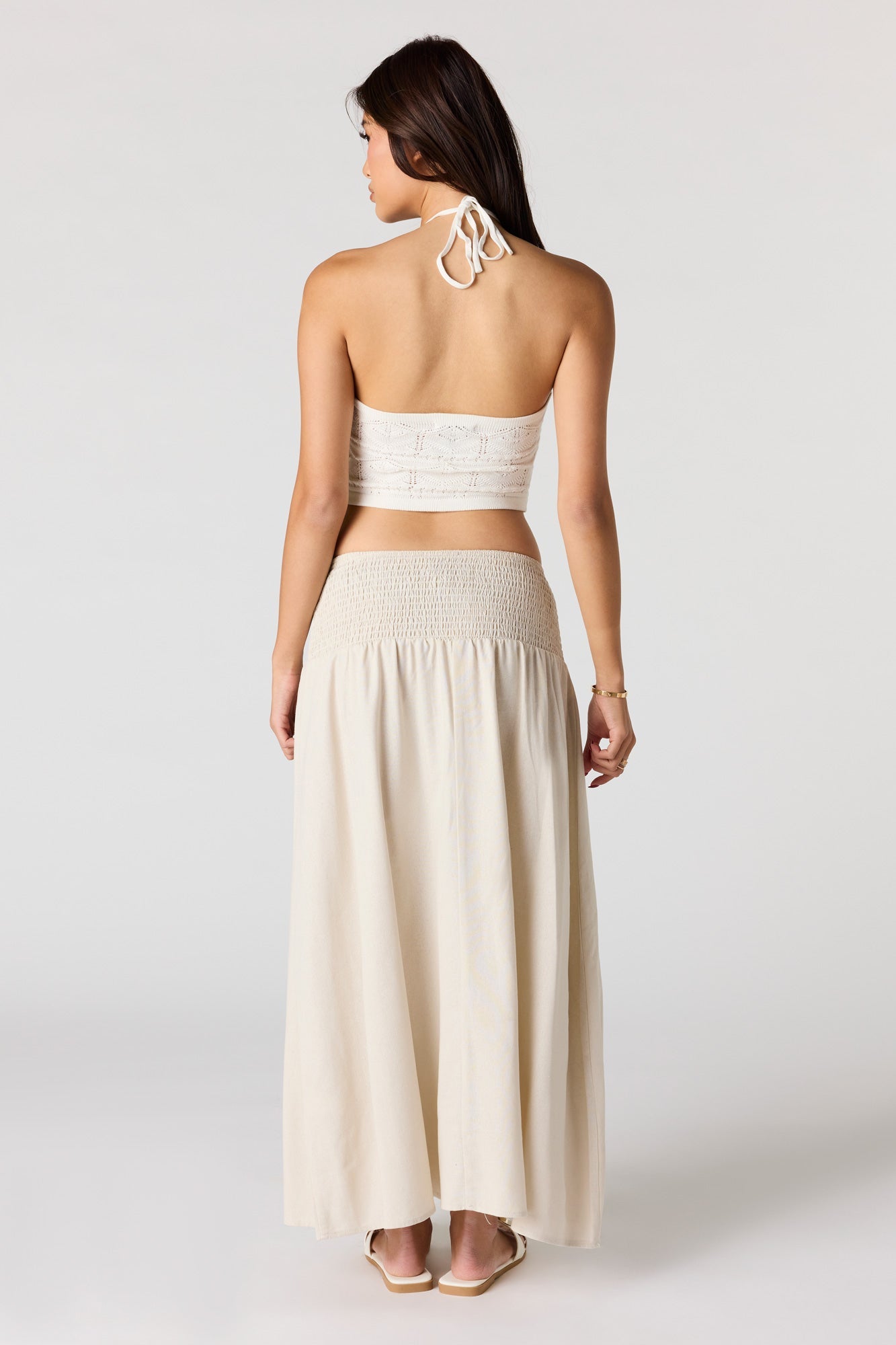 Linen-Blend Smocked Waist Maxi Skirt