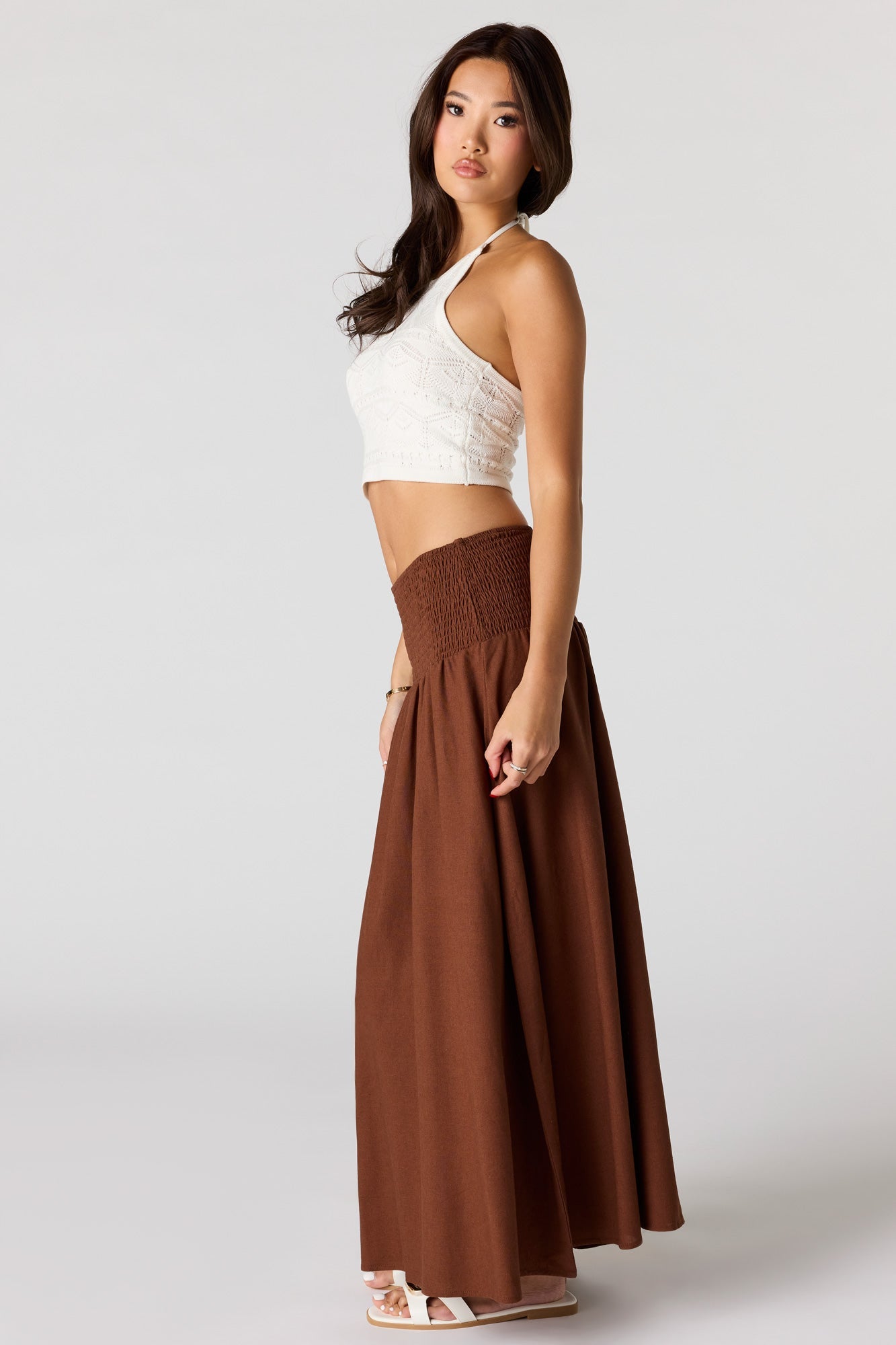 Linen-Blend Smocked Waist Maxi Skirt