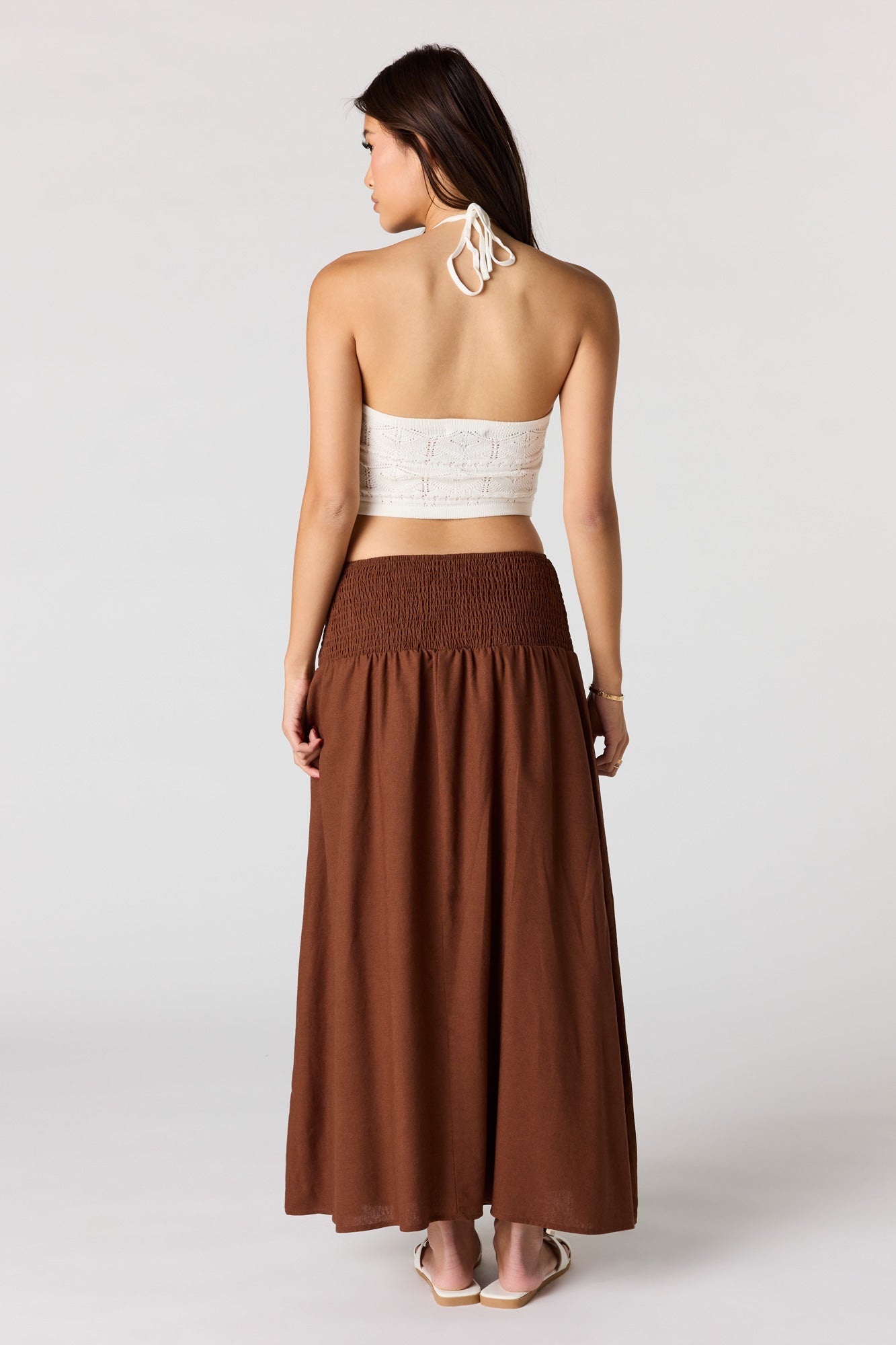 Linen-Blend Smocked Waist Maxi Skirt
