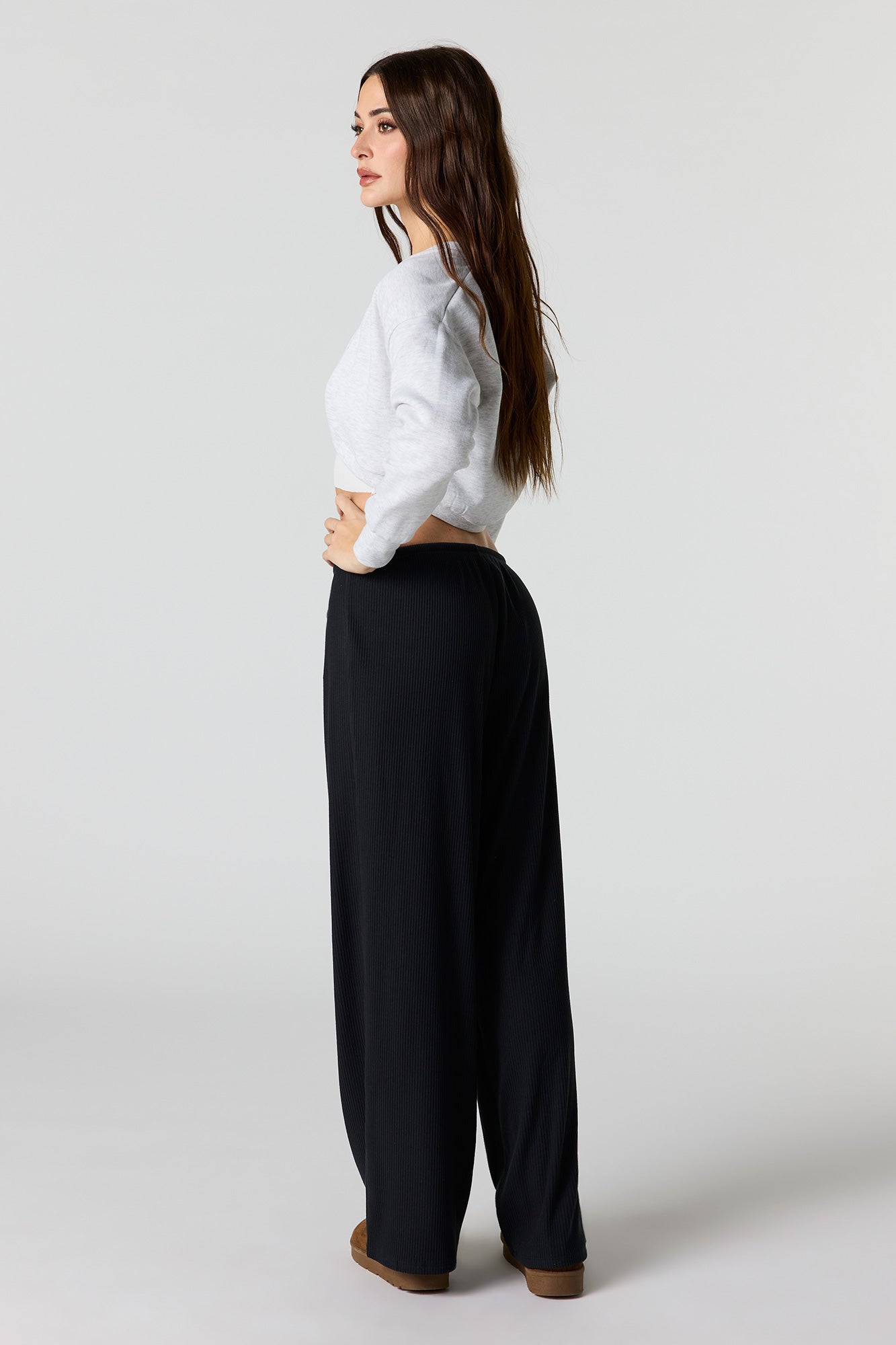 Soft Ribbed Drawstring Wide Leg Pant