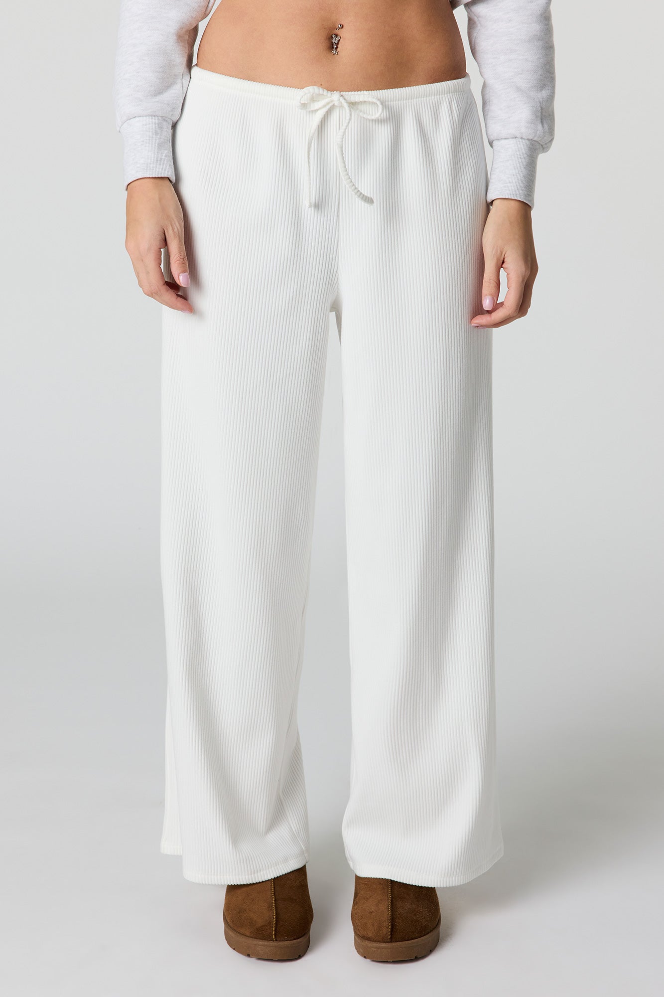 Soft Ribbed Drawstring Wide Leg Pant
