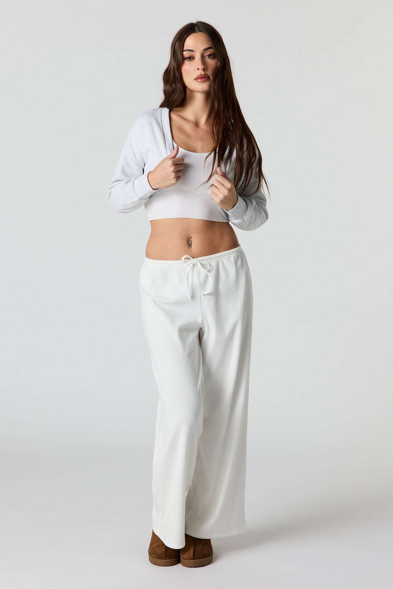 Soft Ribbed Drawstring Wide Leg Pant