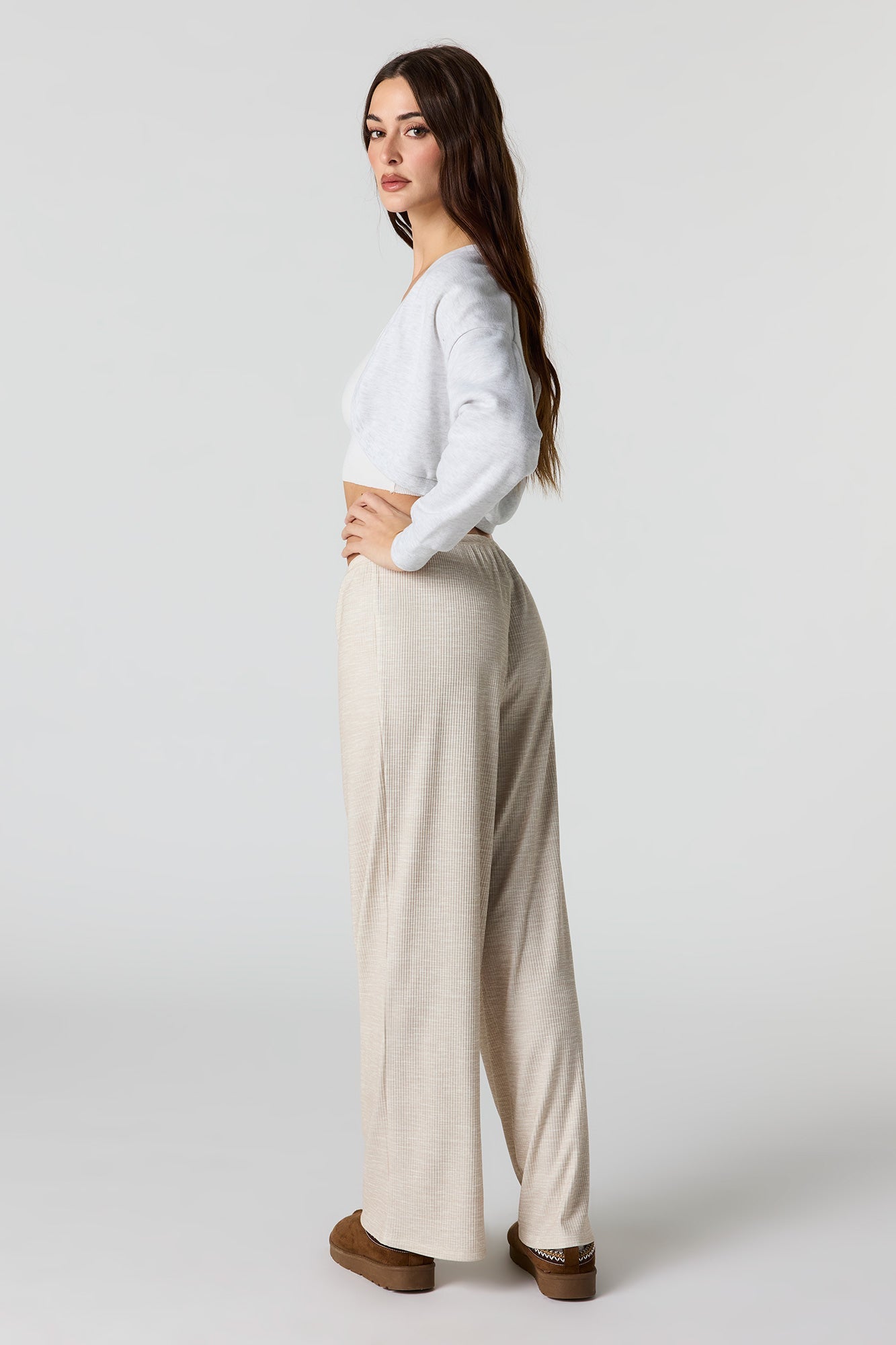 Soft Ribbed Drawstring Wide Leg Pant