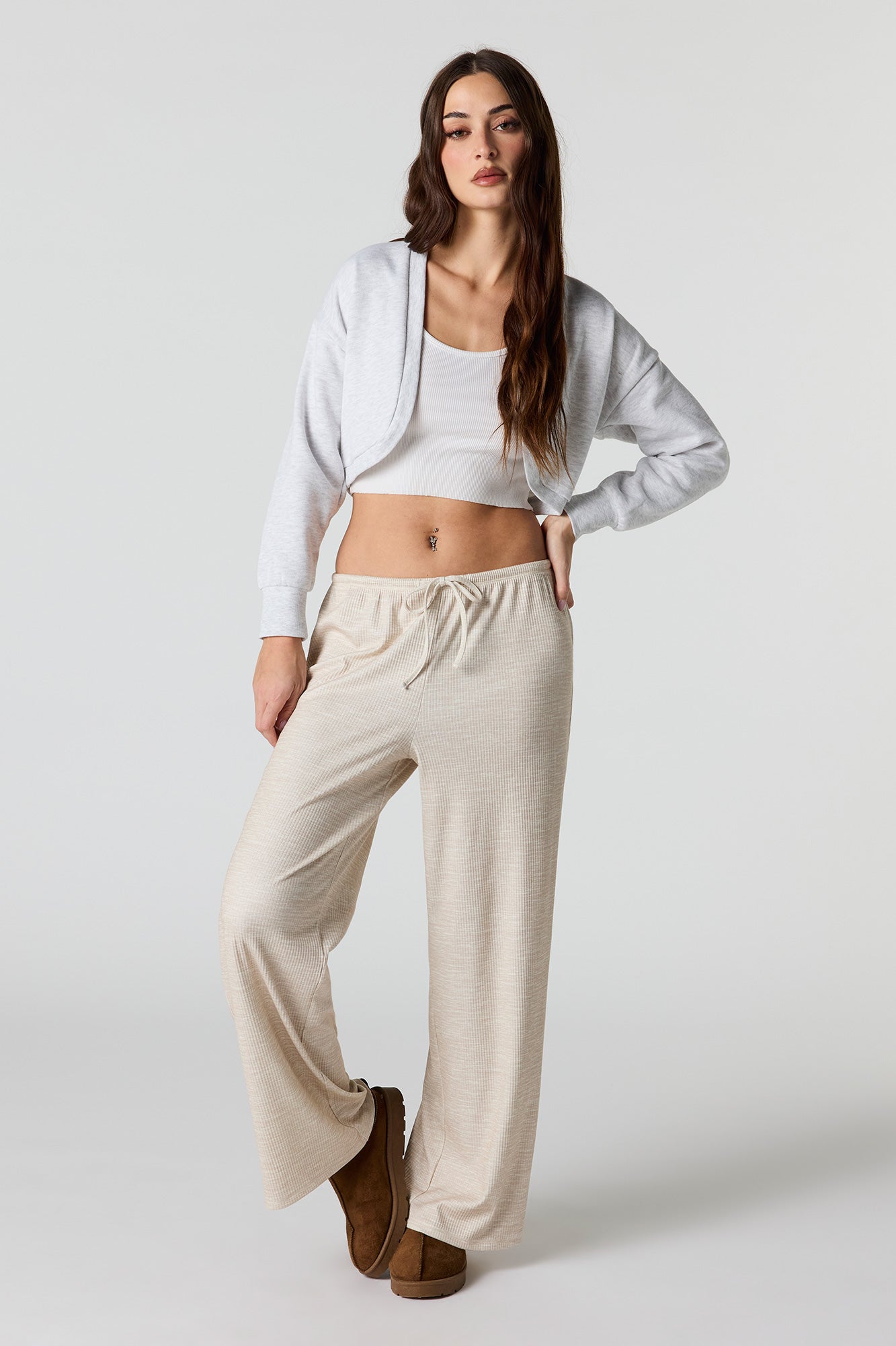 Soft Ribbed Drawstring Wide Leg Pant